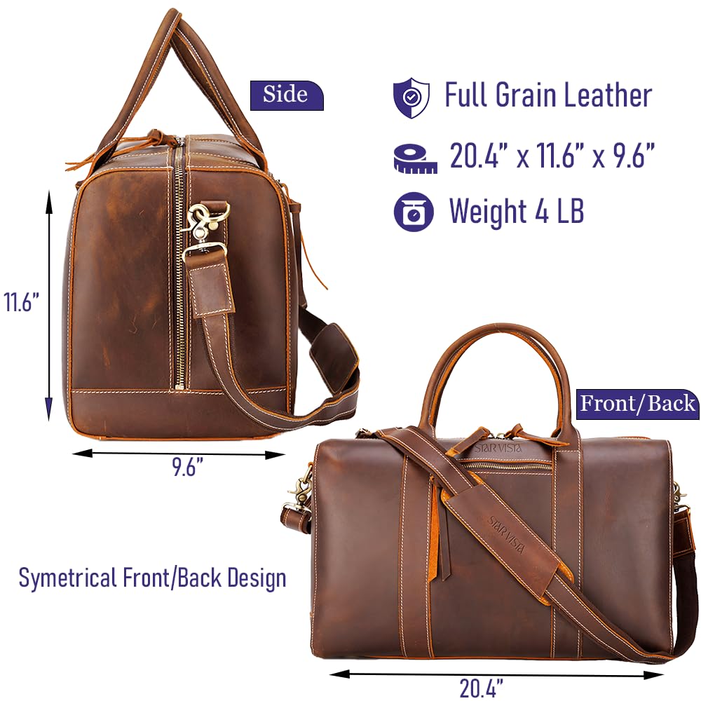 STAR VISTA Trevi 36L Handmade Full Grain Leather Travel Duffel Bag - Airplane Underseat Weekender Overnight Carry On for Men & Women, Gym Bag, Sports Bag with YKK Zippers - Perfect for Business Trips, Weekend Getaways & Gym Workouts