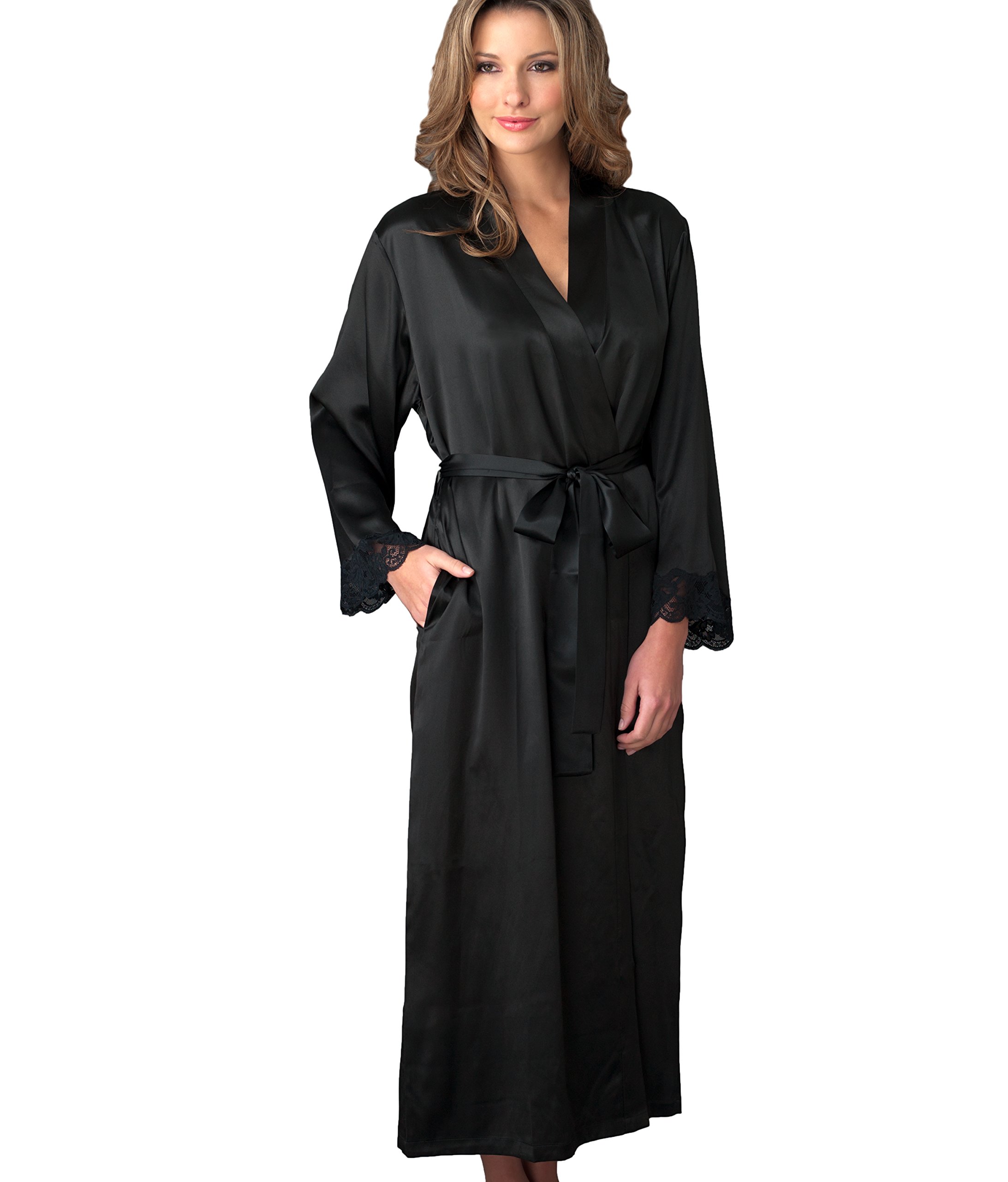 Elegant Women's Silk Robe with Lace Trim & Side Pockets - Le Tresor Luxury Lingerie Set in Beautiful Gift Box | Perfect for Bridal Shower, Anniversary Gift & Boudoir Photography