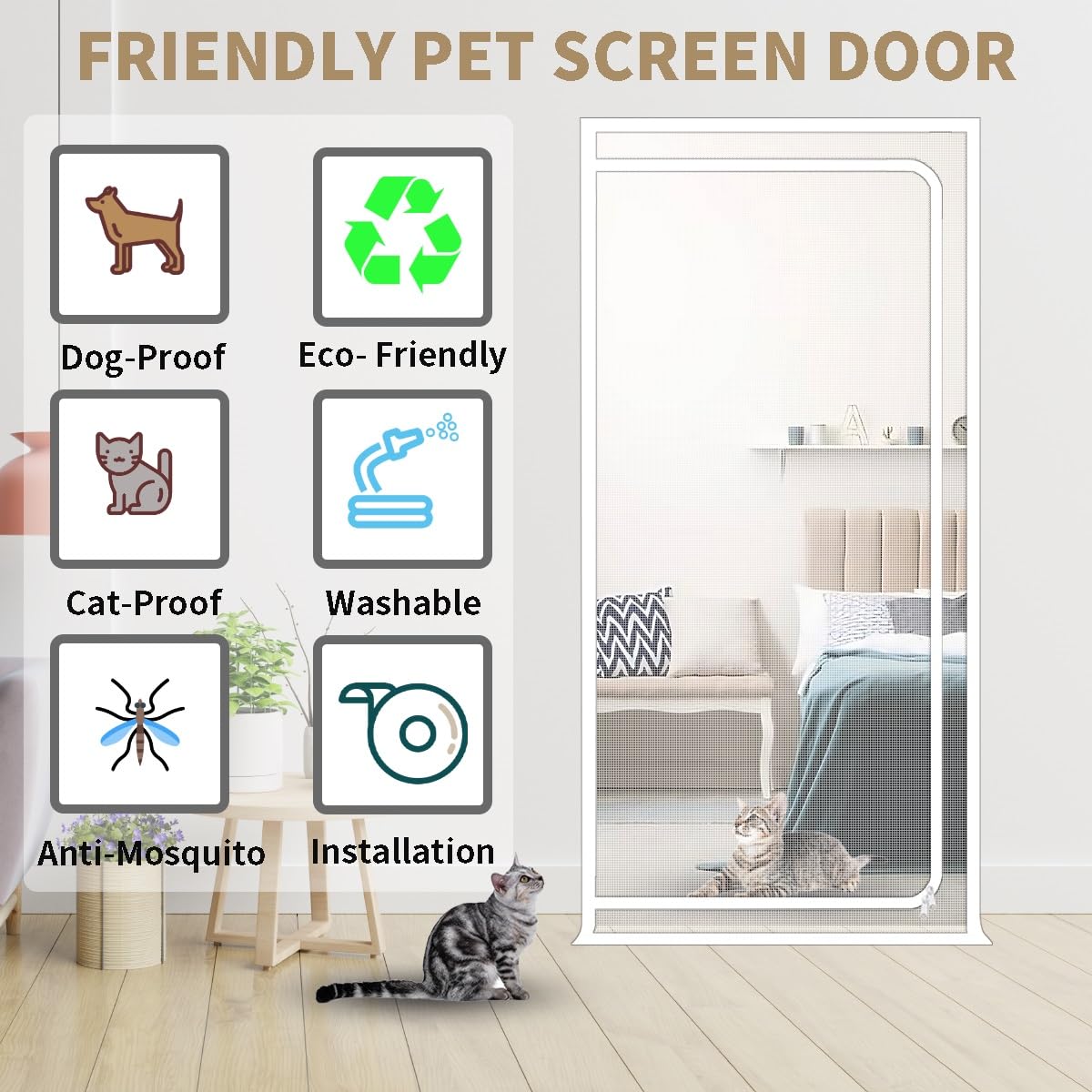 35.5x82.5'' Heavy Duty Cat Screen Door with Reinforced Mesh & Zipper - Pet Proof Curtain for Living Room, Bedroom, Patio (Black, 110x220cm) - Perfect for Indoor/Outdoor Use & Pet Safety