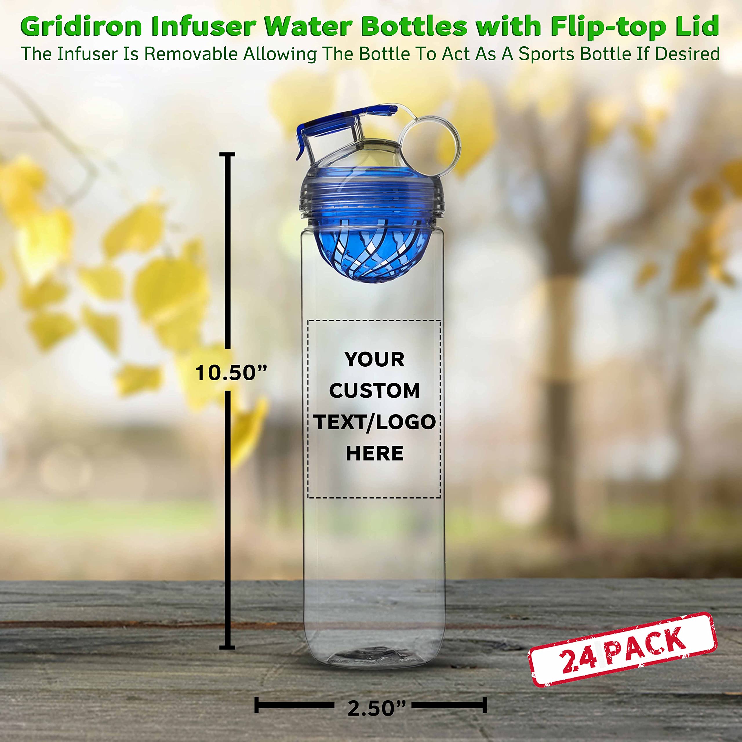 24-Pack Gridiron Infuser Water Bottles 27oz - Custom Text & Logo - Screw-On Flip-Top Spill-Proof Lid - BPA-Free - Perfect for Sports, Gym & Outdoor Activities - Blue