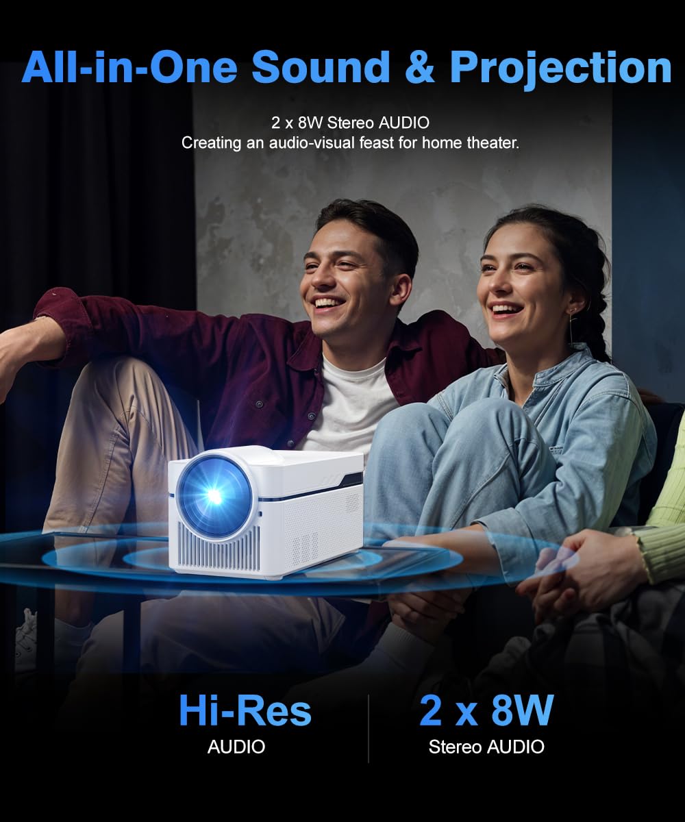 4K Short Throw Projector with WiFi & Bluetooth - Smart Home Theater Projector with Electric Focus & 8W Stereo Speakers for Bedroom, Outdoor Movie Nights, Gaming and Presentations - HY450NTV