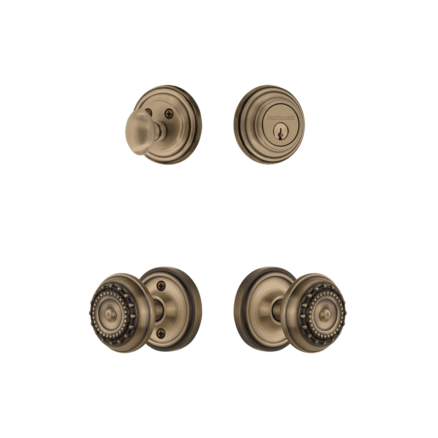 Vintage Antique Brass Rosette Entry Set with Meadows Knob - Classic Door Hardware for Traditional Homes & Historic Renovations