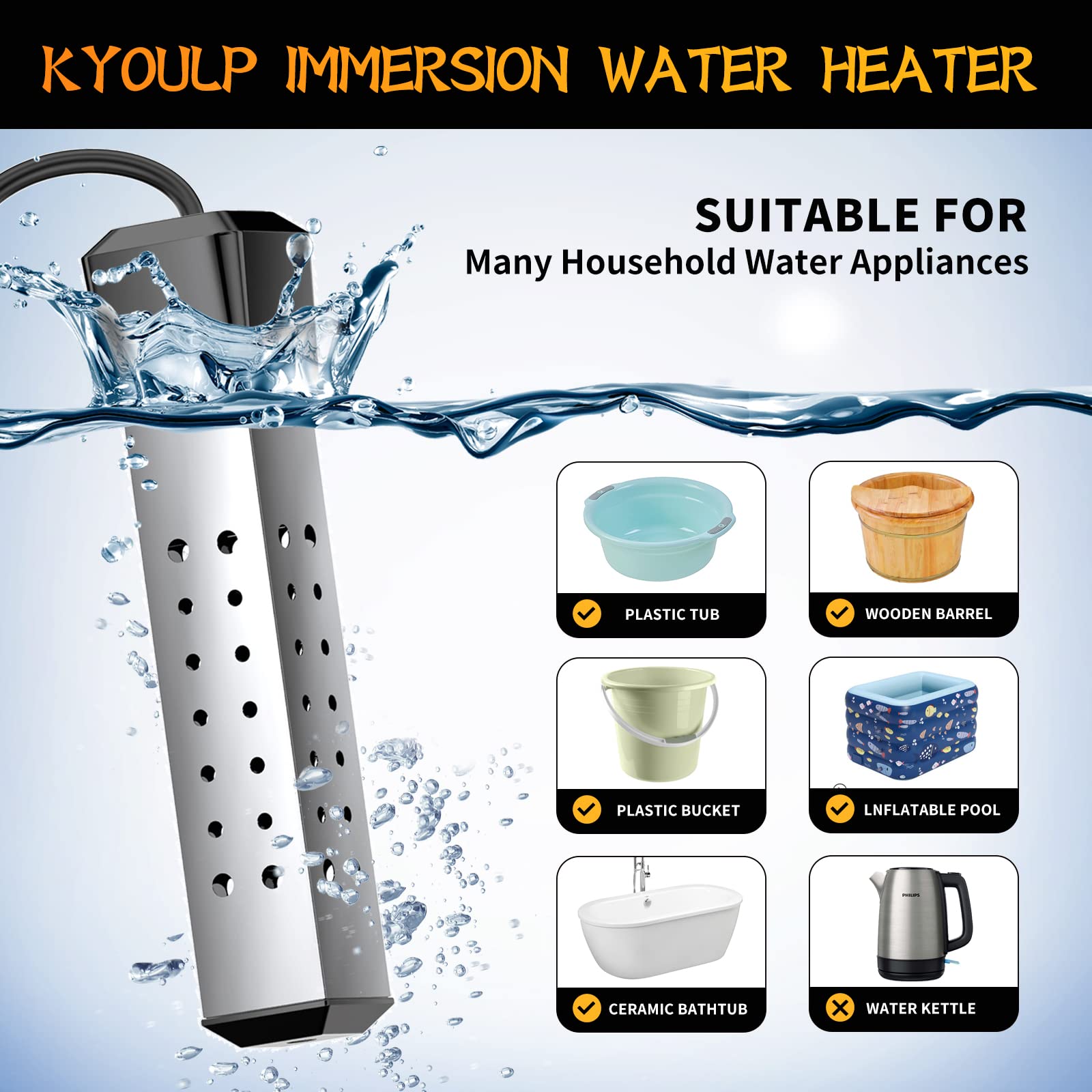2000W Portable Pool Heater for Above Ground Pools - Digital LCD Thermometer - Fast Water Heating for Swimming Pools, Spas & Hot Tubs - Energy Efficient Immersion Heater for Year-Round Comfort