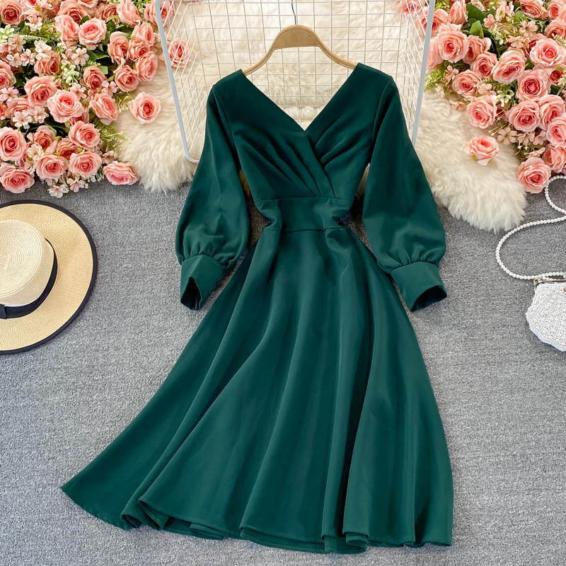 Elegant V-Neck Long Sleeve Chiffon Dress for Women - Fall Fashion, Party & Wedding Guest Outfit