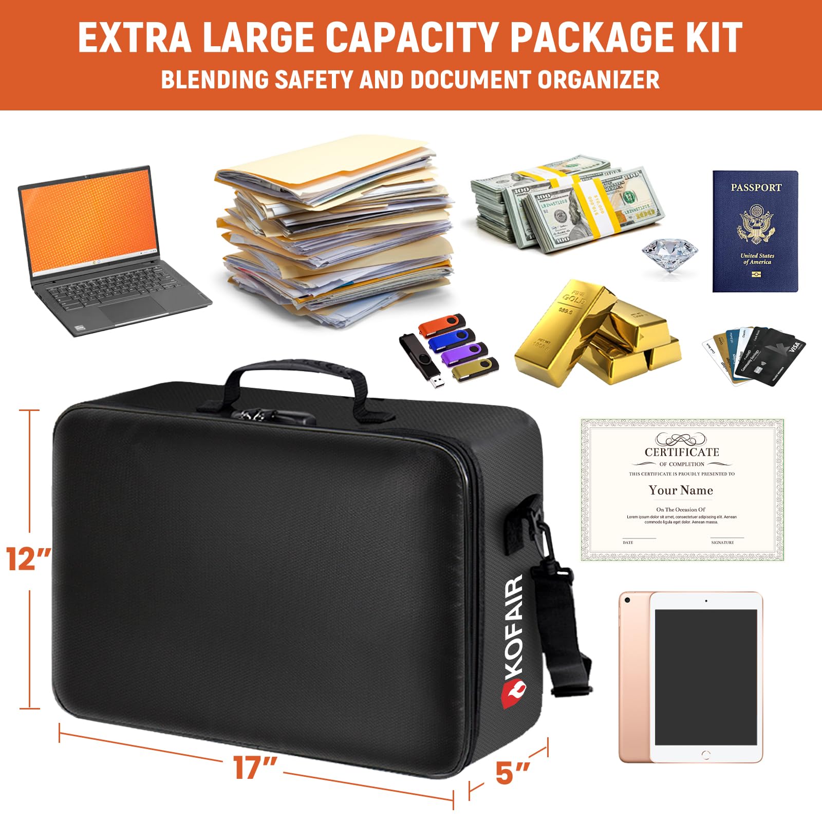 Fireproof Document Bag with Lock - 17x12x5 Inch Fireproof Safe Box, 5200°F Protection, Shoulder Strap & Multi-Layer Security for Important Files & Certificates - Perfect for Home, Office & Emergency Preparedness