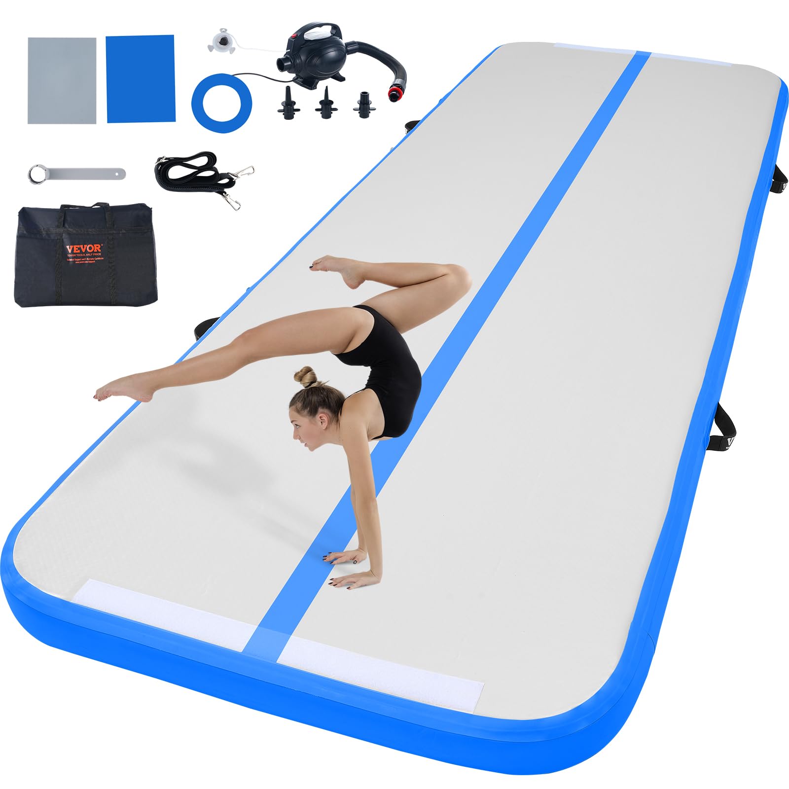 VEVOR 4-Inch Thick Inflatable Gymnastics Air Mat with Electric Pump - 10ft Blue Tumbling Mat for Home Gym, Yoga, Cheerleading, Beach & Park Training - Perfect for Indoor Practice, Outdoor Exercise & Water Activities