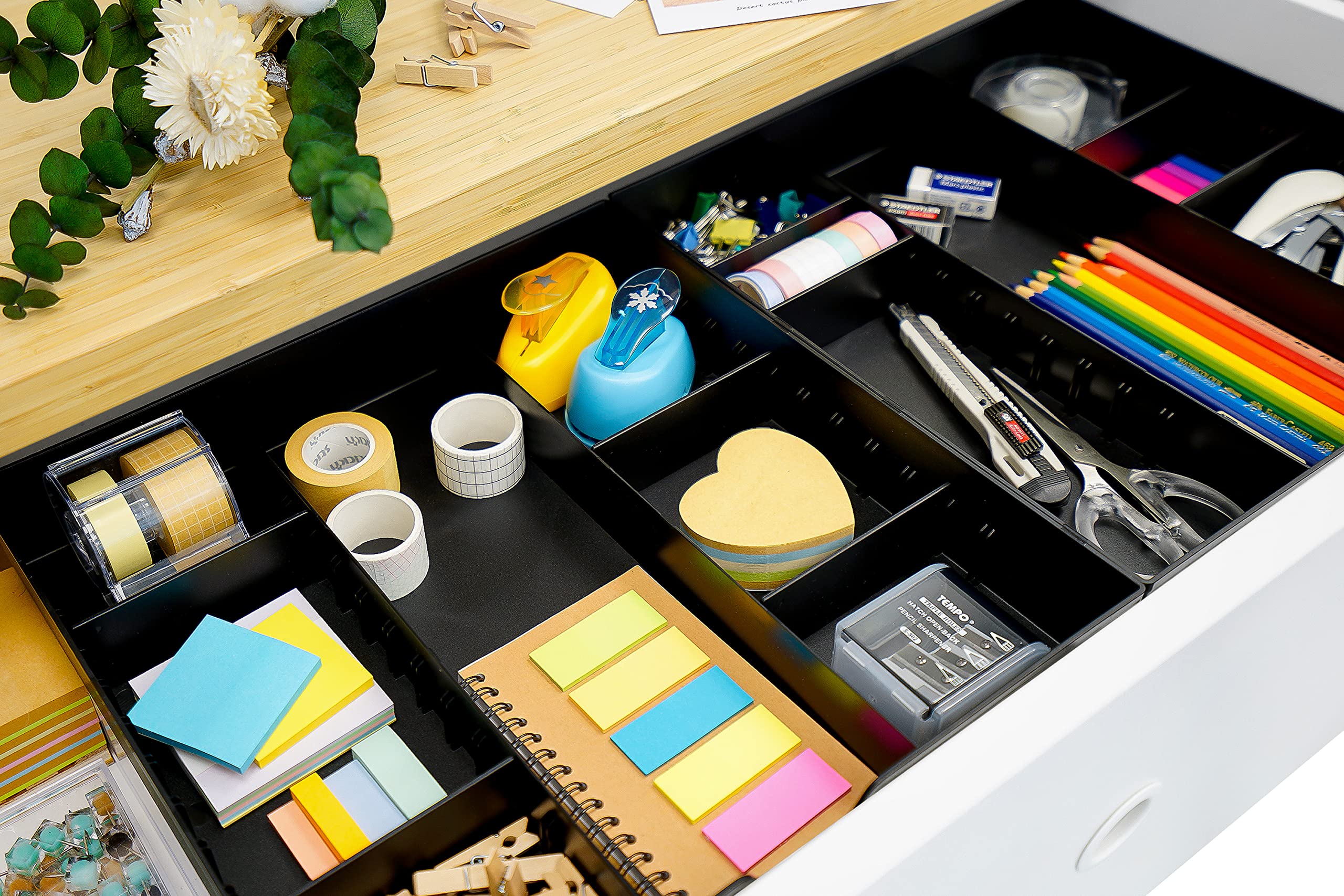 CAXXA 3-Slot Drawer Organizer with 4 Adjustable Dividers - Black Storage Tray for Makeup Vanity, Office Desk Supplies, Kitchen Utensils & Home Organization (1 Pack) - Perfect for Bedroom, Bathroom & Office Drawer Organization