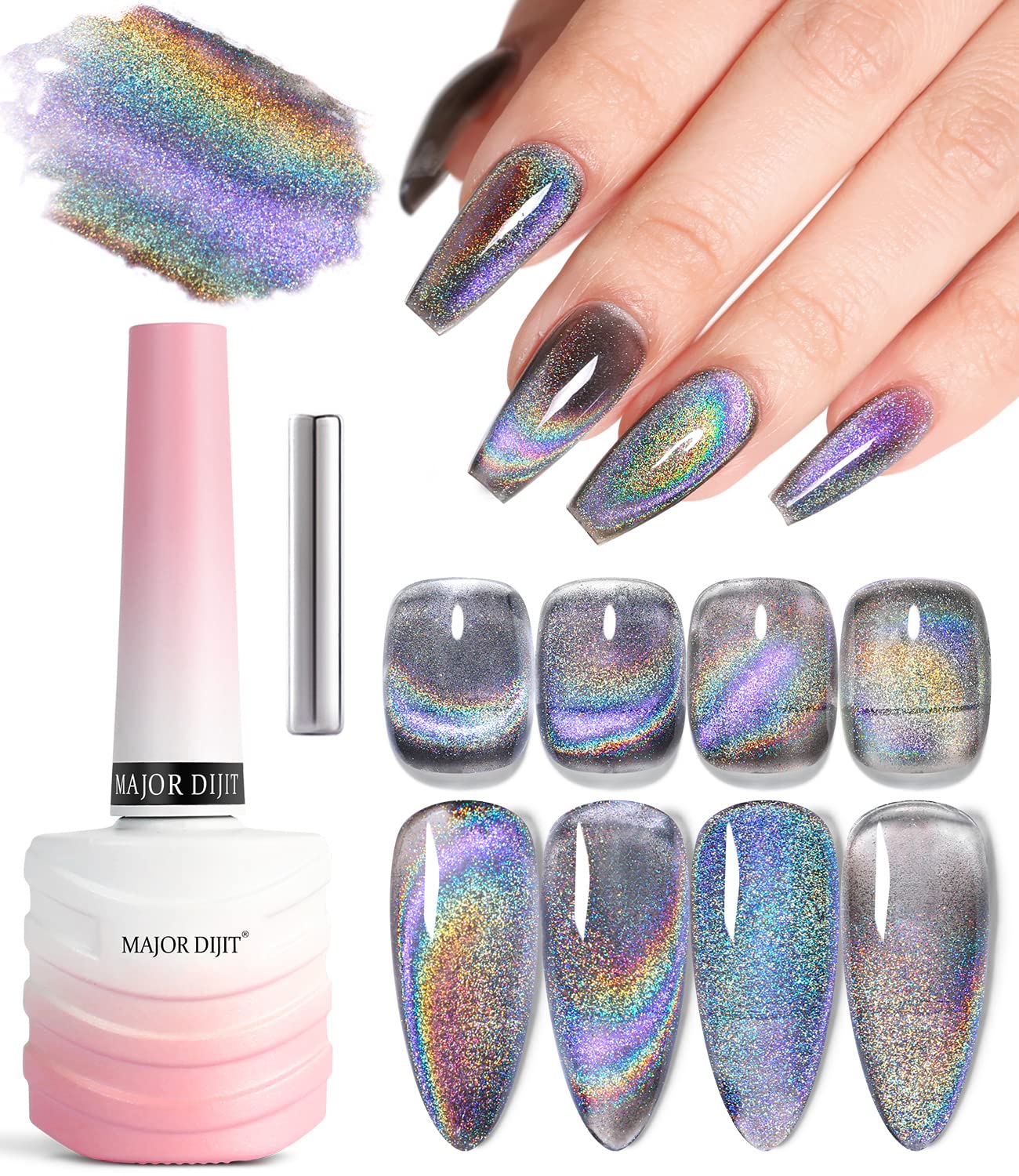 9D Holographic Cat Eye Gel Nail Polish - Rainbow Galaxy Shiny Nail Art Polish (15ml/0.5oz) with Magnetic Stick - Long Lasting UV/LED Gel for Manicures & Nail Art Designs