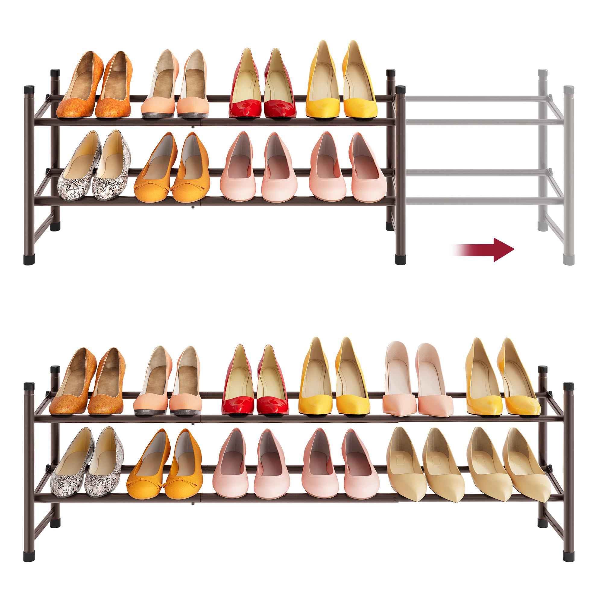 Tajsoon 2 Tier Expandable Shoe Rack Organizer - Adjustable & Stackable Metal Shoe Shelf (28