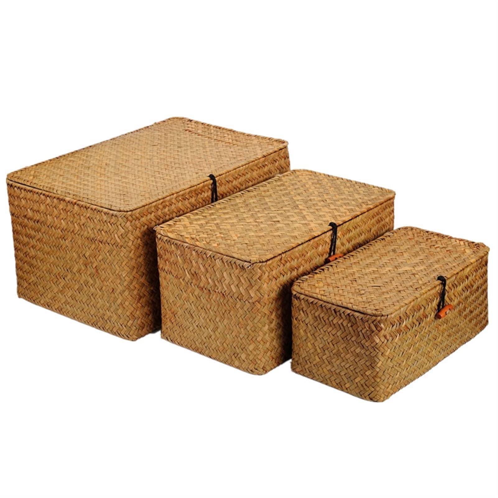 Woven Storage Basket with Lid - Set of 3 Wicker Bins for Home Organization | Rectangular Storage Boxes for Jewelry, Toys & Closet Organization | Perfect for Bedroom, Bathroom & Nursery Storage