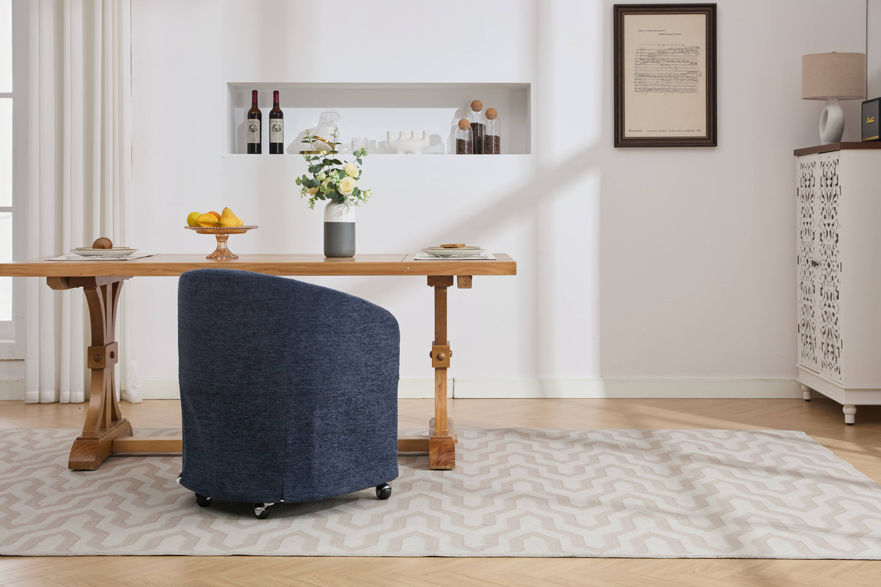 Blue Chenille Fabric Dining Armchair with Back Cushion & Universal Wheels - 1-Piece Set for Home, Office or Restaurant Use