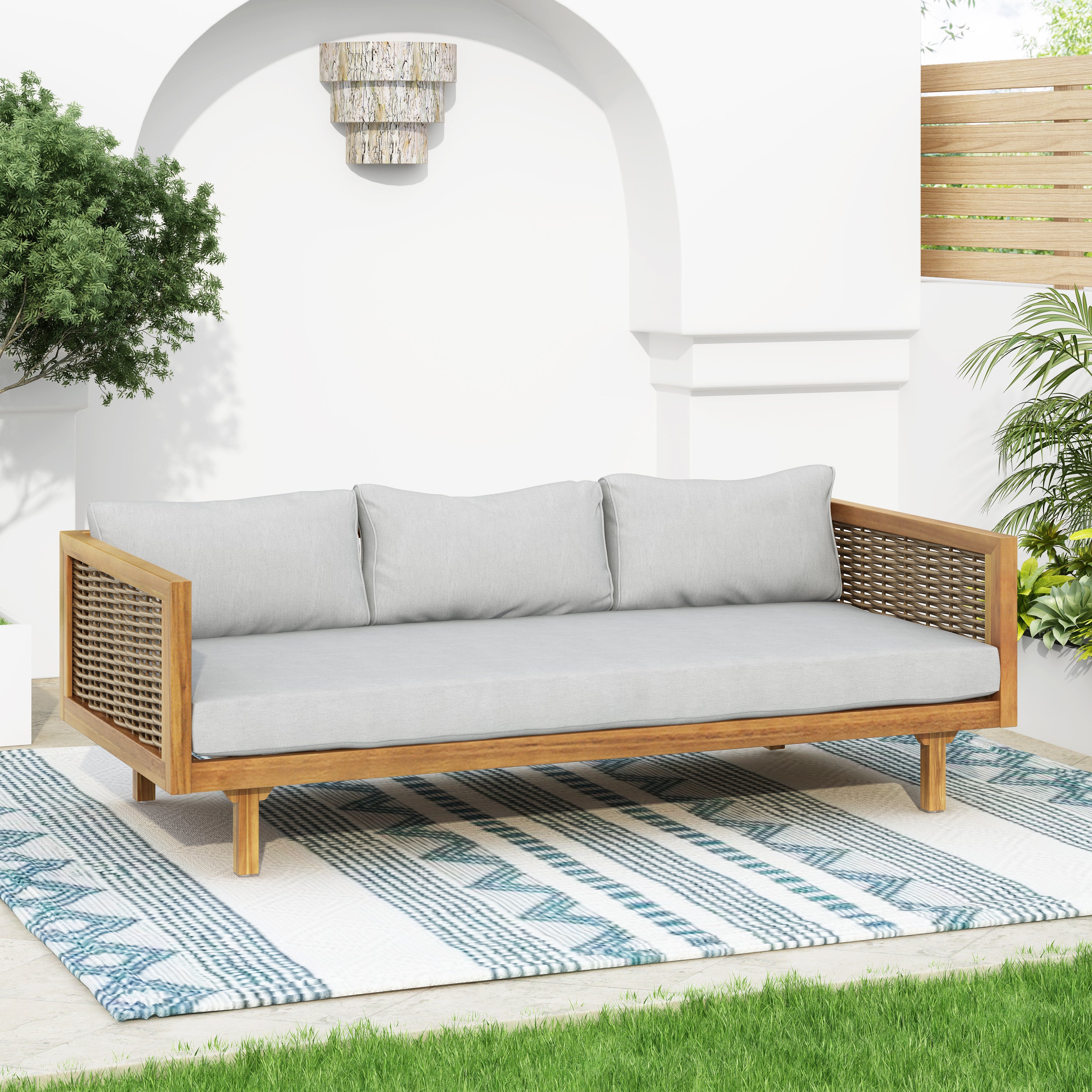 CLAREMONT 3-Seater Rattan Arm Daybed with Light Grey Cushion - Perfect for Patio, Sunroom or Outdoor Lounge Relaxation