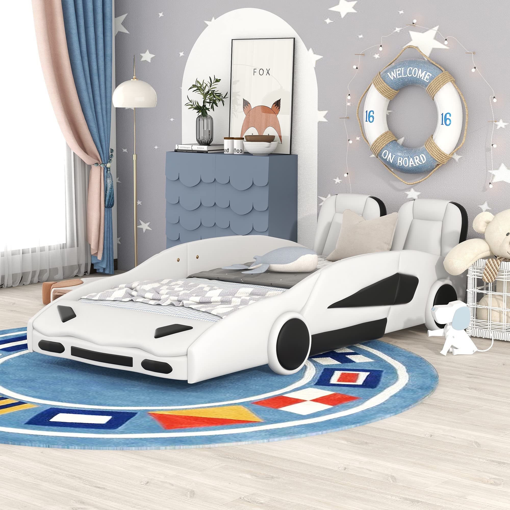 Race Car Twin Size Platform Bed - Faux Leather Upholstered Toddler Bed with Wheels, Lightning McQueen Inspired Kids Bed Frame for Boys & Girls - No Box Spring Needed (PU, White) - Perfect for Kids' Bedroom, Playroom & Themed Nursery Decor