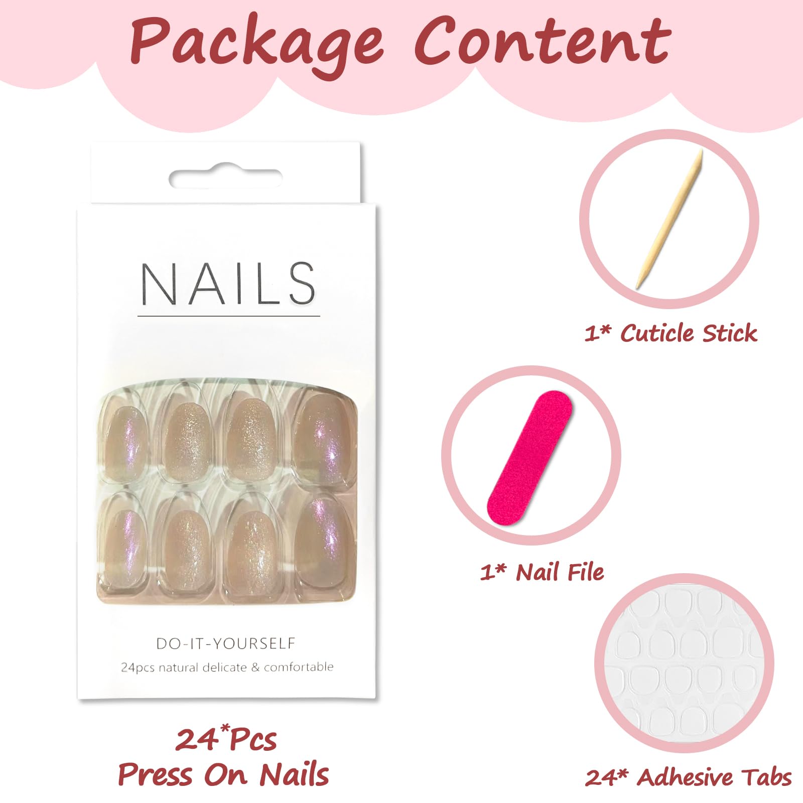 24Pcs Short Almond Press on Nails - French Tip Glossy Aurora Glitter Fake Nails with Glue Stickers, Reusable Acrylic Full Cover Oval Stick on Nails for Women & Girls | Perfect for Parties, Weddings, Date Nights & Everyday Wear