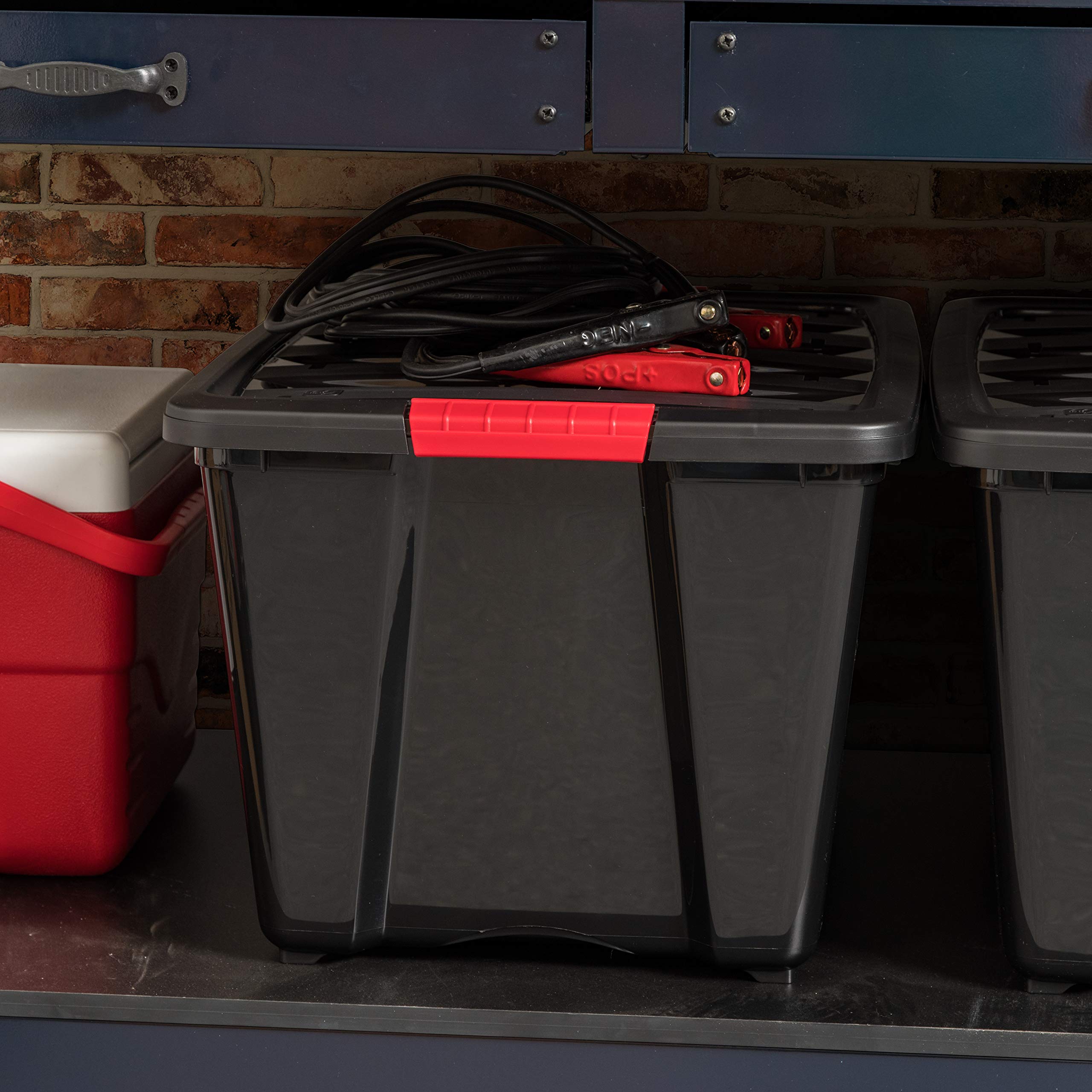 IRIS USA 54 Qt Stackable Plastic Storage Bins with Lids, 4 Pack - BPA-Free, Made in USA - Durable Nestable Containers for Garage, Closet & Home Organization - Secure Pull Handle & Latches - Black Storage Boxes for Toys, Seasonal Decor & Household Items