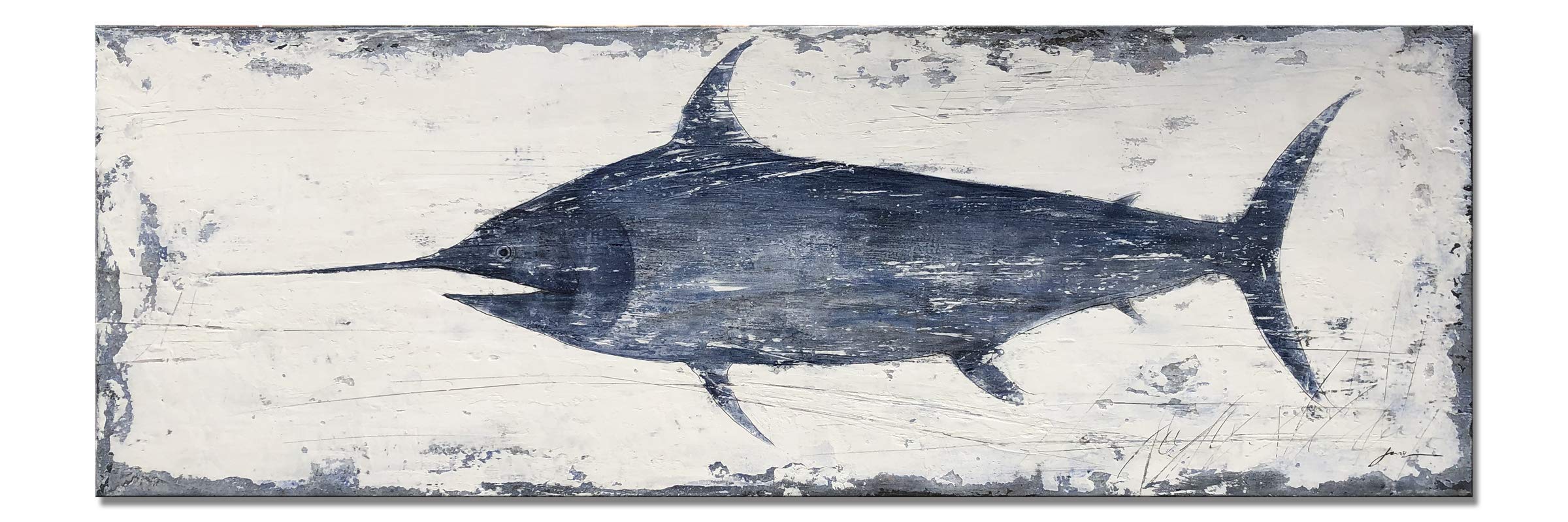 Indigo Blue Swordfish Ocean Wall Art - Framed Canvas Print Ready to Hang (36x12 Inches) - Nautical Bedroom & Bathroom Decor | Coastal Theme Home & Office Wall Decor