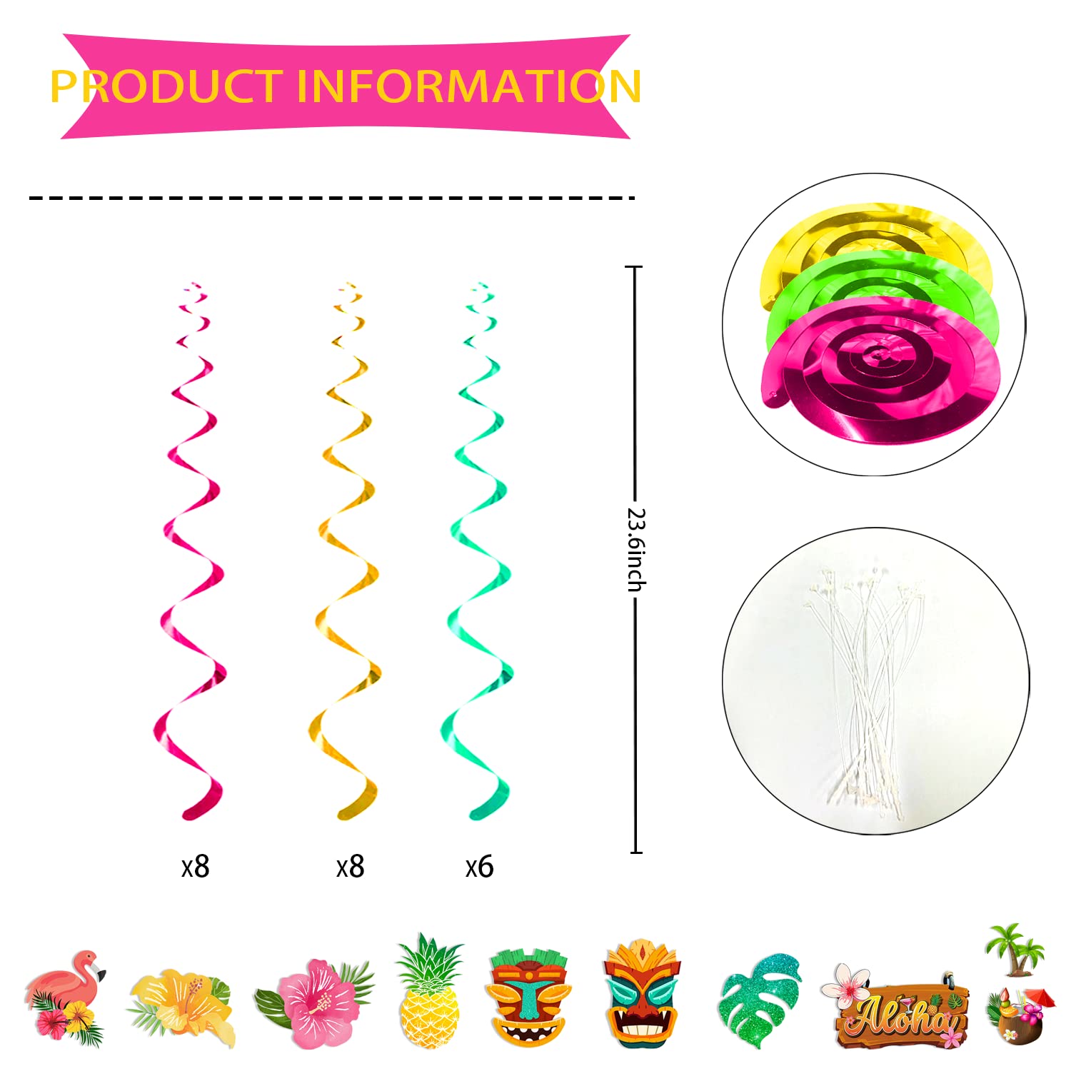 40pcs Aloha Luau Hanging Swirls - Hawaiian Party Decorations Set for Tropical & Tiki Themed Events - No DIY Foil Ceiling Decor - Perfect for Luau Parties, Beach Weddings & Summer Celebrations