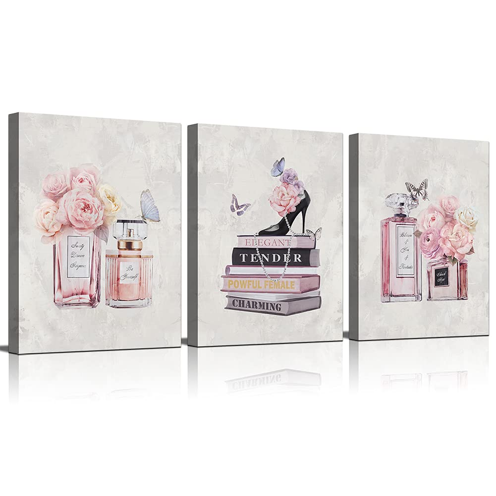 WANBOYA 3-Piece Pink Flower Perfume Modern Art Canvas Prints - Fashion Women's Wall Decor with Book & High Heel Design (16