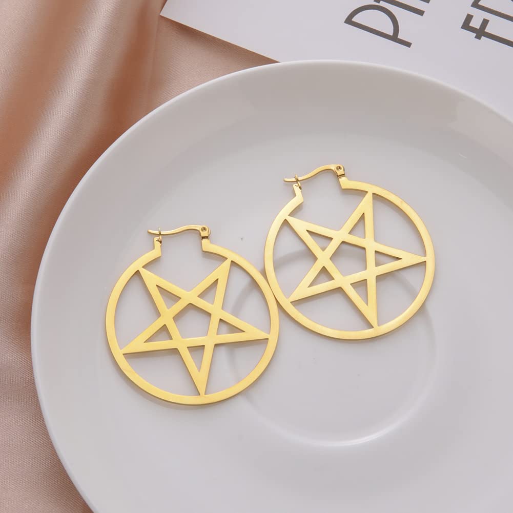 LIKGREAT Large Pentagram Earrings for Women - Gothic Pentacle Buckle Hoop Earrings - Wiccan Pagan Jewelry - Perfect for Halloween Parties, Witchy Outfits & Boho Fashion
