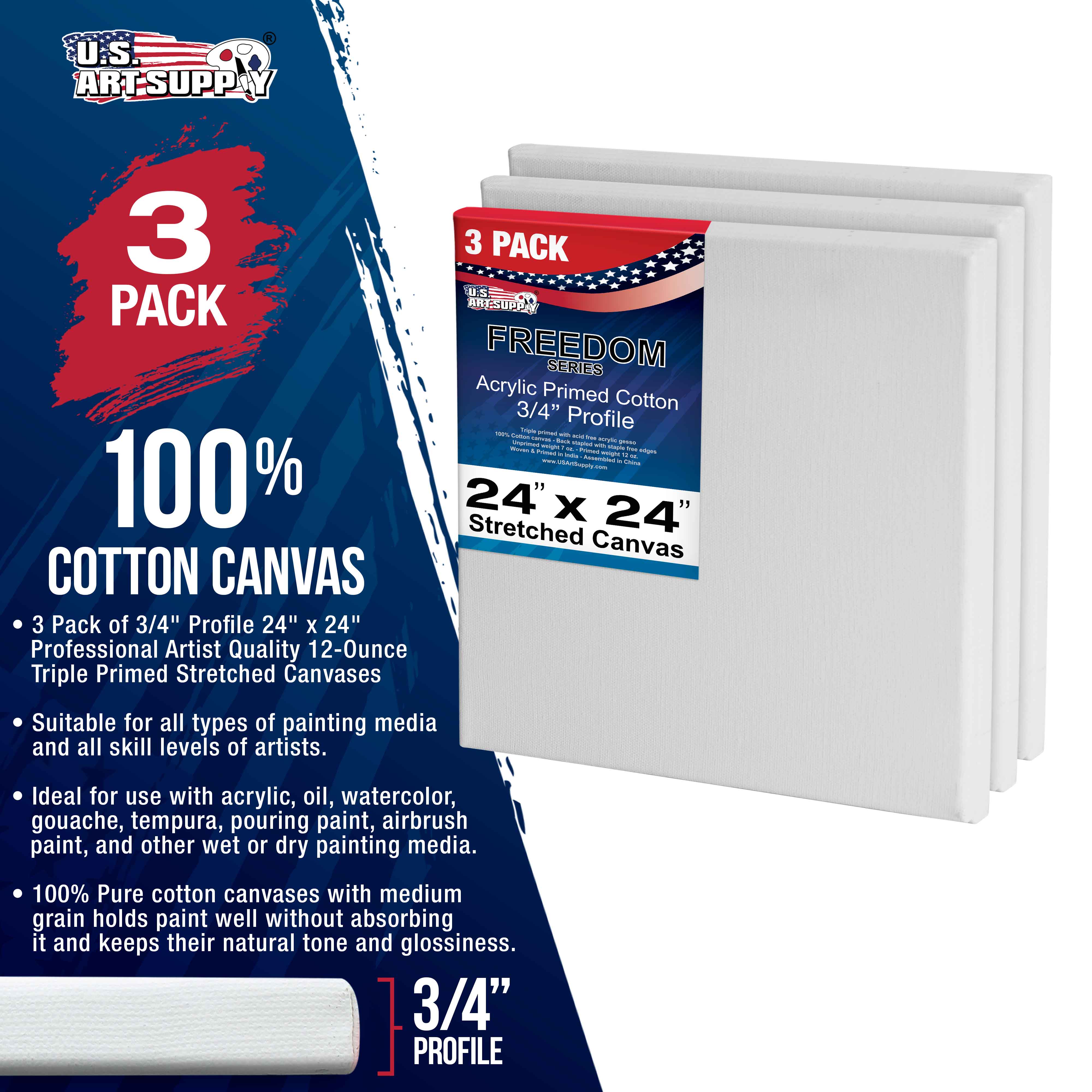24x24 Inch Stretched Canvas 3-Pack - 12oz Triple Primed, 100% Cotton Heavyweight Gesso - Professional Artist Quality White Blank Canvas for Oil & Acrylic Painting - Perfect for Studio, Classroom & Home Art Projects