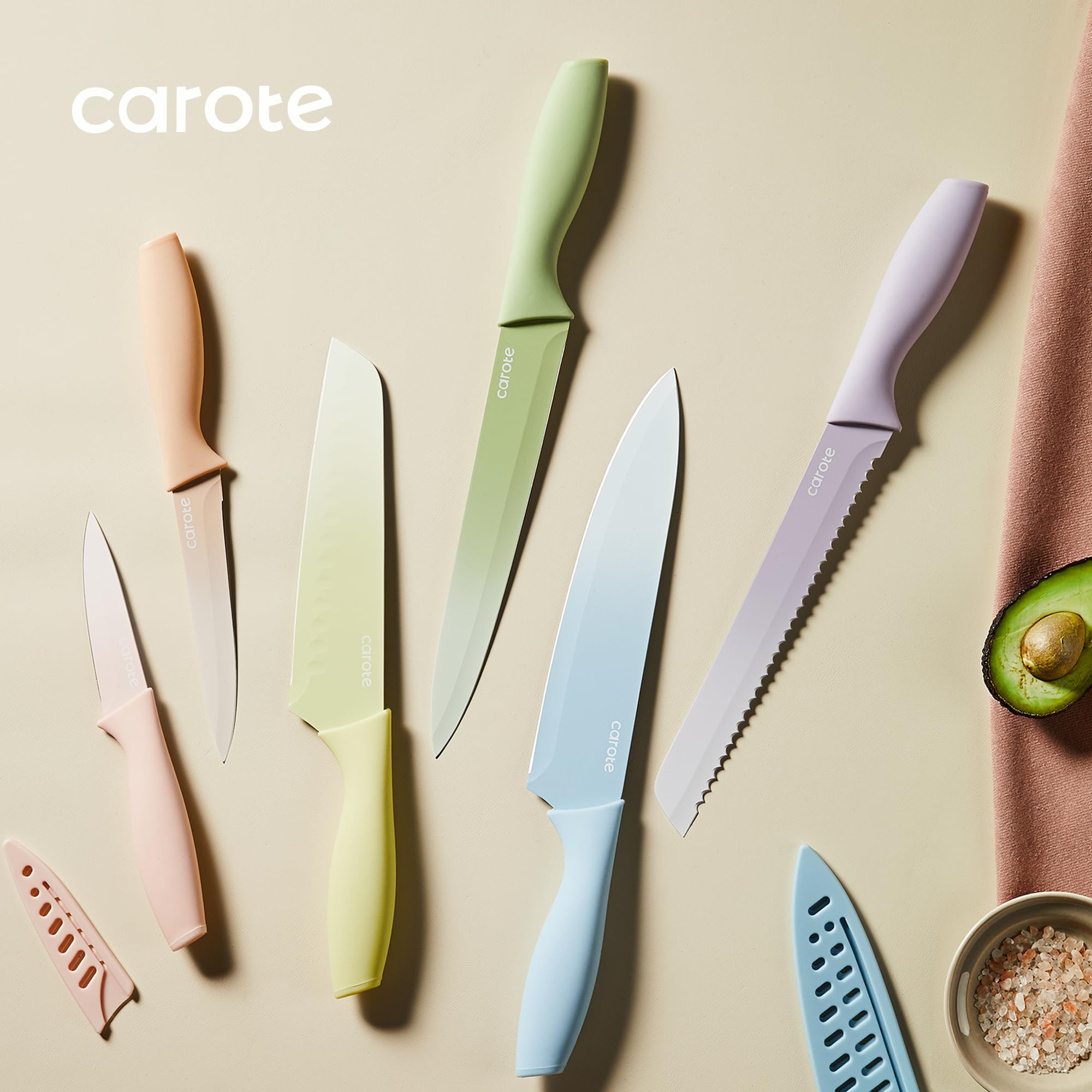 CAROTE 12-Piece Kitchen Knife Set - Stainless Steel Blades with Ceramic Nonstick Coating, Dishwasher Safe Cutlery with Blade Guards (Multicolor) - Perfect for Home Cooking, Professional Chefs & Gift Giving