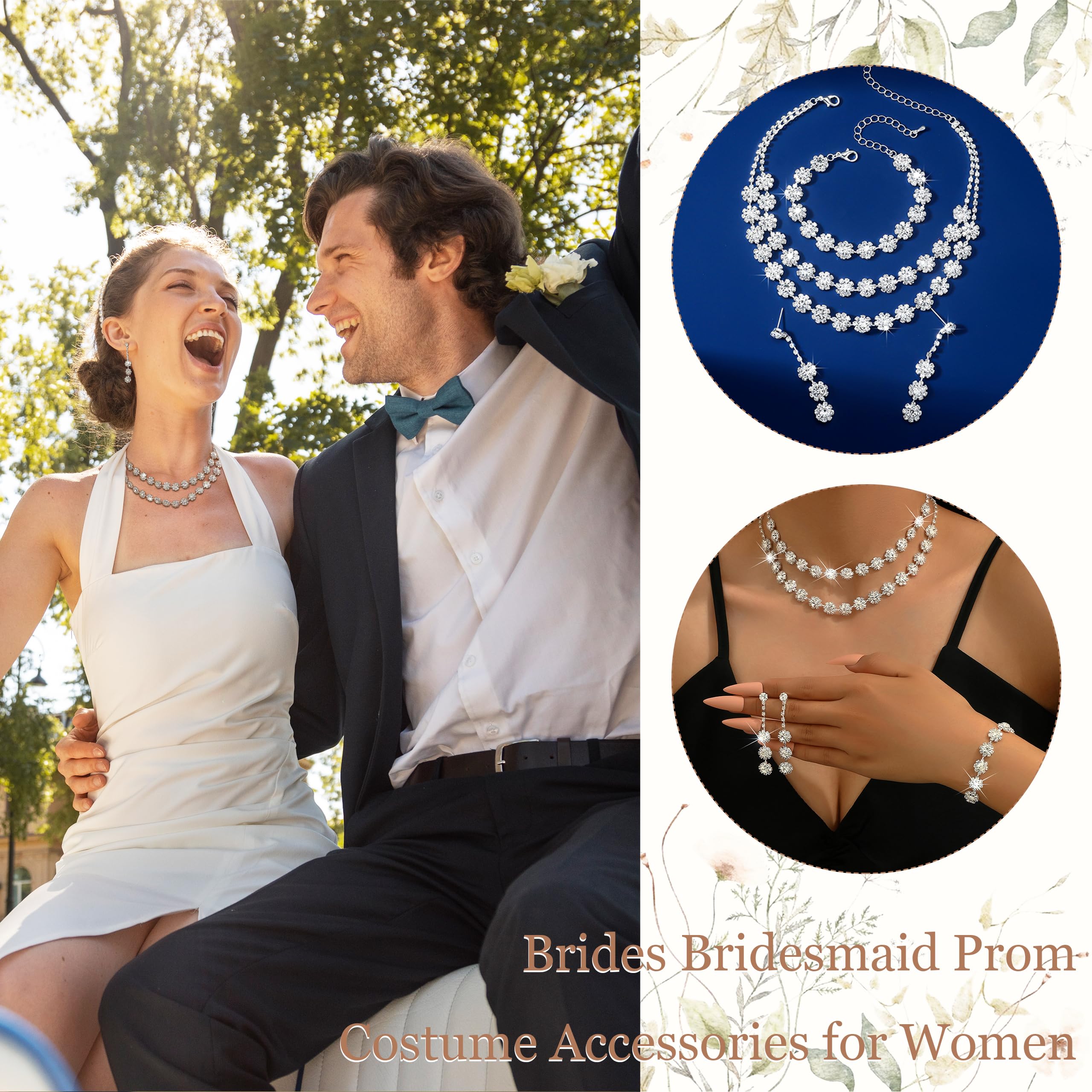 HUASAI Silver Rhinestone Jewelry Set for Women - Necklace, Earrings & Bracelet - Prom, Wedding, Party Dress Accessories - Perfect for Formal Events, Evening Gowns and Special Occasions