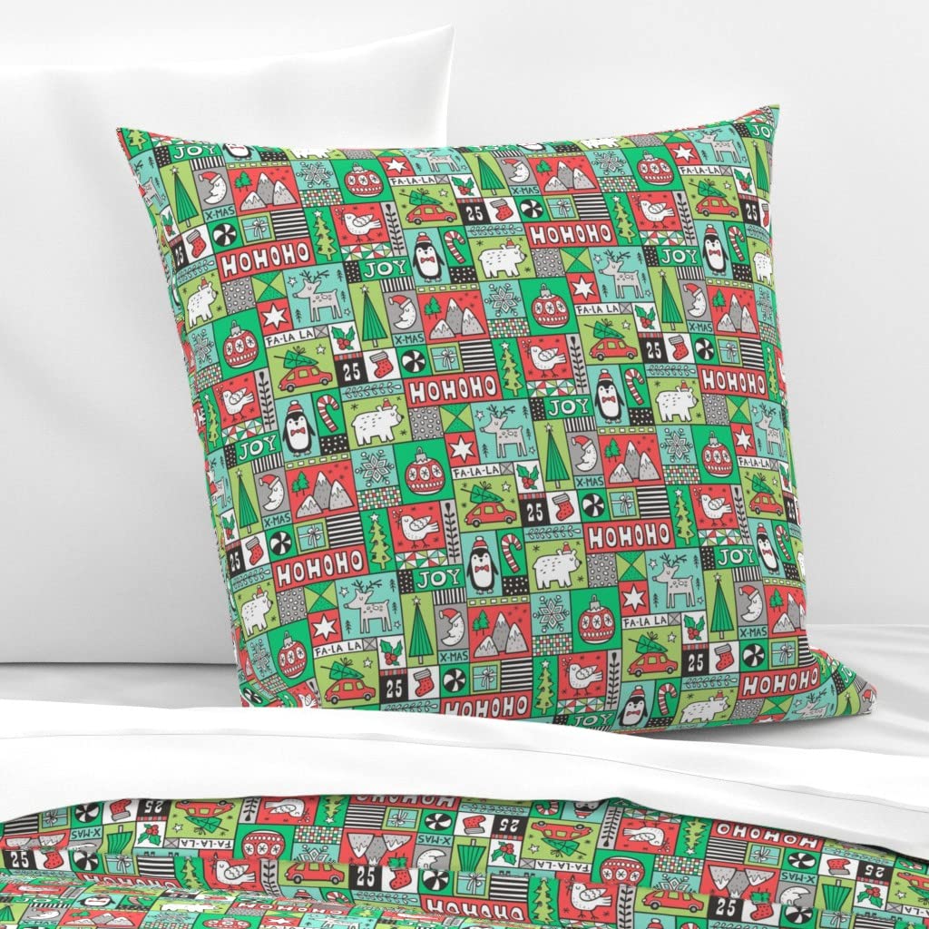 Custom Woodland Holiday Cotton Sateen Euro Sham - Red Green Santa Penguin Christmas Tree Patchwork with Colorful Deer & Bear Print | Perfect for Festive Bedroom Decor