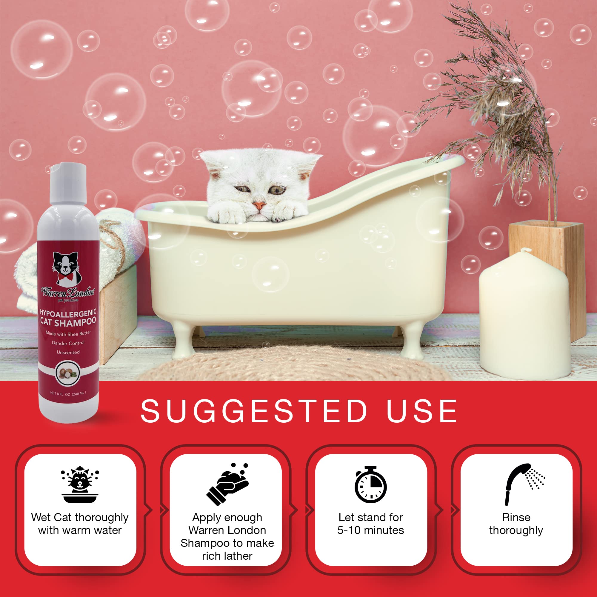 Warren London Hypoallergenic Cat Shampoo & Conditioner - Shea Butter Moisturizing Dry Skin Treatment | Anti-Dandruff & Allergy Relief for Cats | Made in USA | Perfect for Sensitive Skin & Allergy-Prone Cats at Home