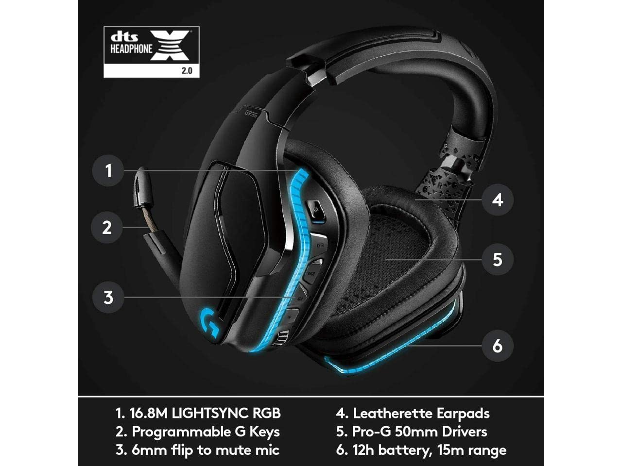 Logitech G935 Wireless Gaming Headset with DTS:X 7.1 Surround Sound, LIGHTSYNC RGB Lighting - Black & Blue (Renewed) - Perfect for PC Gaming, Streaming & Esports