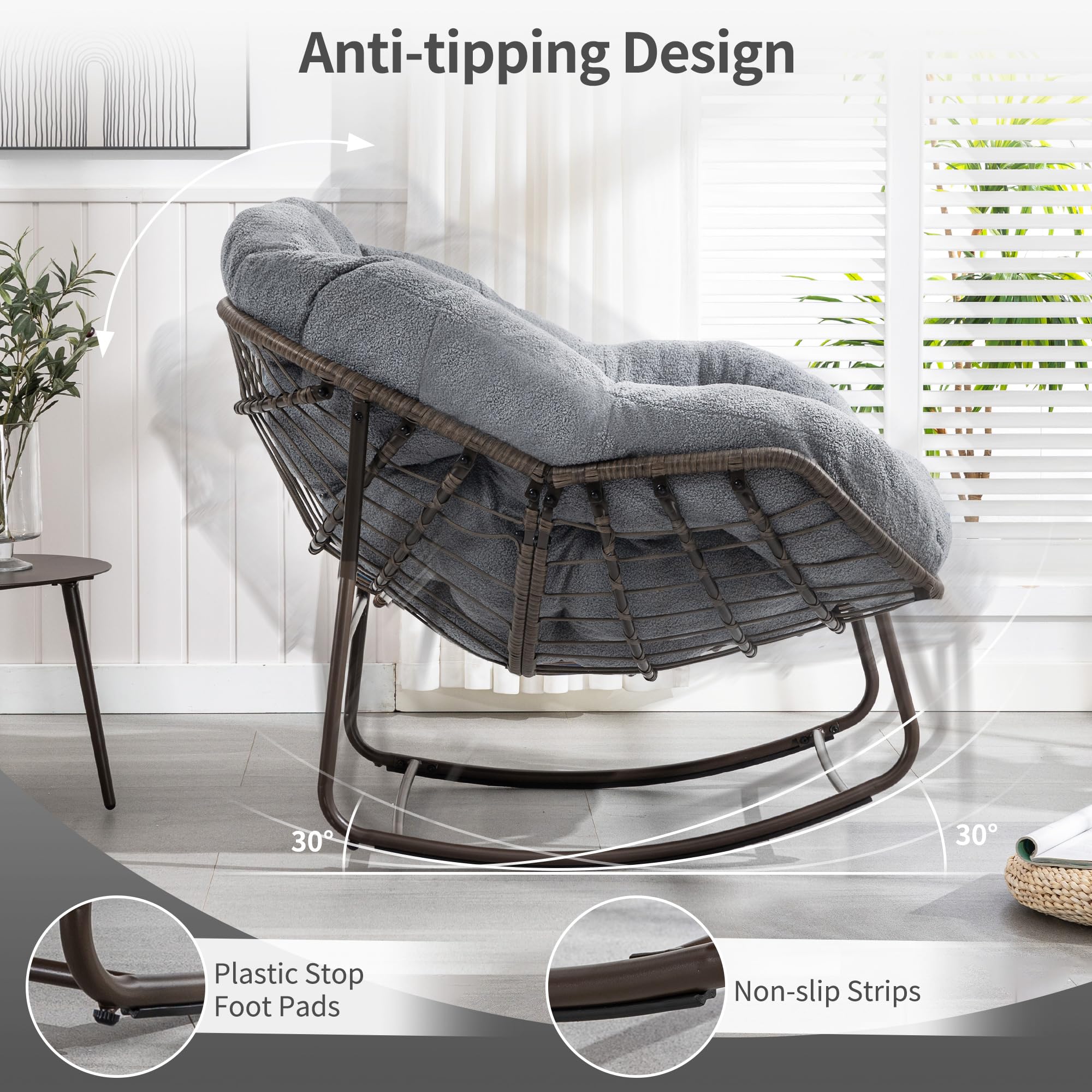HOMEFUN Oversized Papasan Rocking Chair with Plush Teddy Padded Cushion - Indoor/Outdoor Rocker Egg Chair for Patio, Front Porch, Garden & Backyard - Dark Gray - Perfect for Relaxing, Reading & Lounging