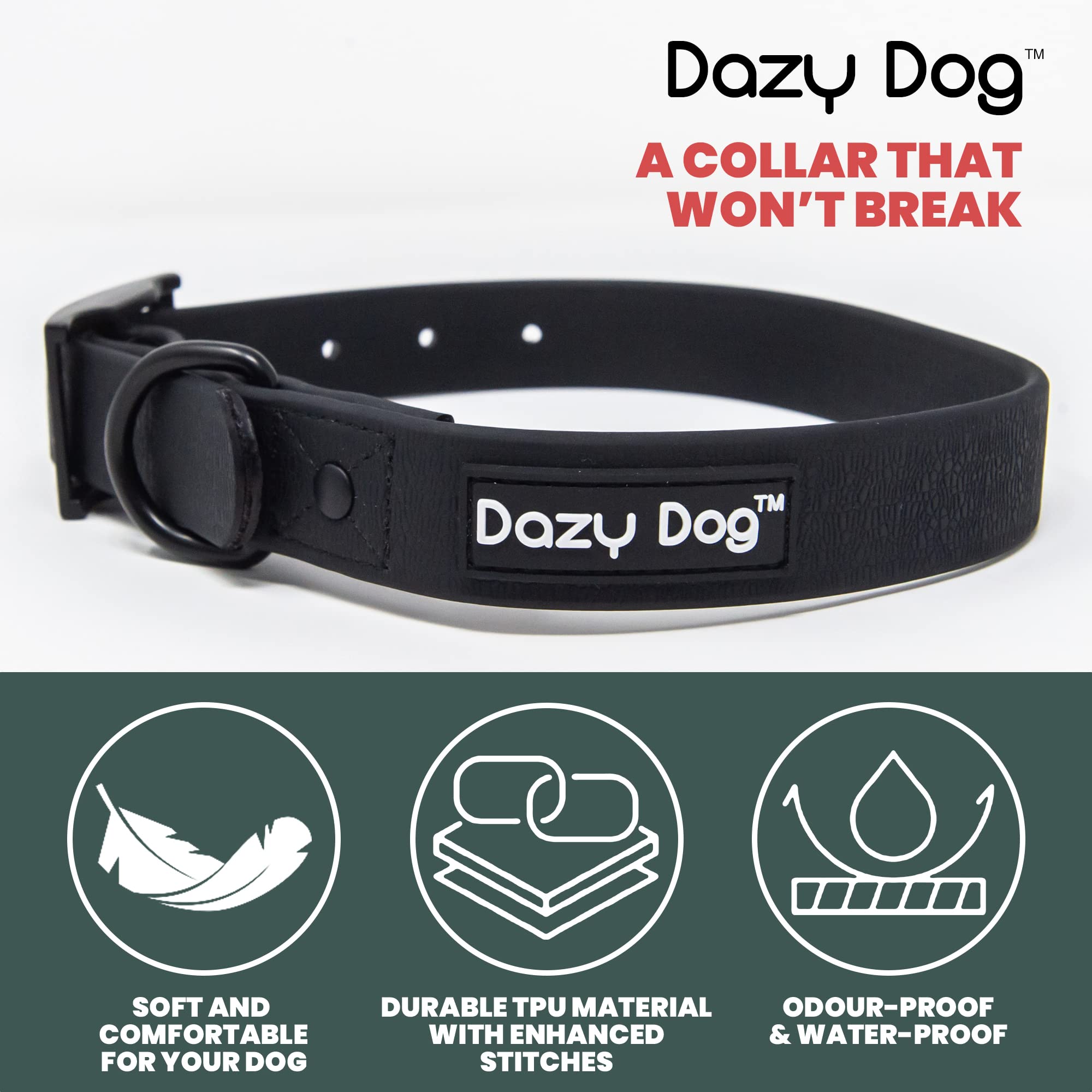 **Dazy Dog Waterproof Durable Dog Collar – Odor-Resistant & Easy-Clean TPU Collar – Stronger Than Biothane, Silicone & Rubber – Fits Small, Medium & Large Dogs (Large, Black) – Perfect for Hiking, Swimming & Outdoor Adventures**