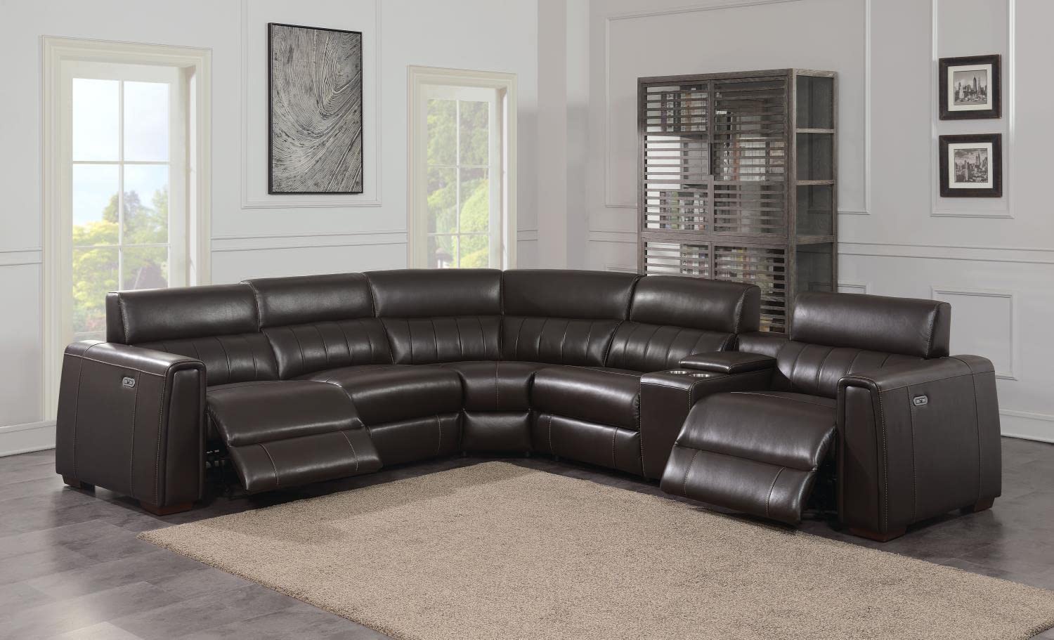 Steve Silver Nara 6-Piece Dual-Power Espresso Leather Reclining Sectional Sofa Set with USB Ports - Modern Living Room Furniture for Home Theater & Family Gatherings