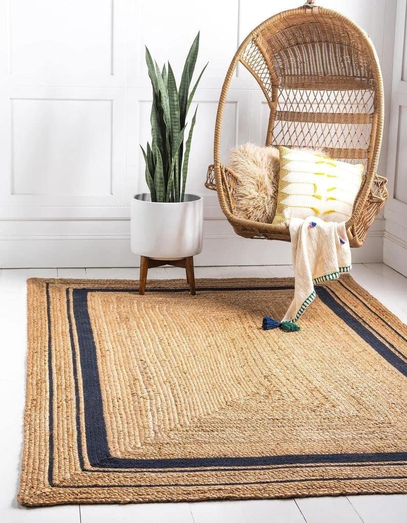 Handwoven Natural Jute Area Rug - 6x9, 8x10, 9x12, 10x14 Sizes in Brown & Black | Boho Chic Hemp Rug for Living Room, Bedroom & Home Decor | Custom Bohemian Square Rug (20x20) for Cozy Spaces