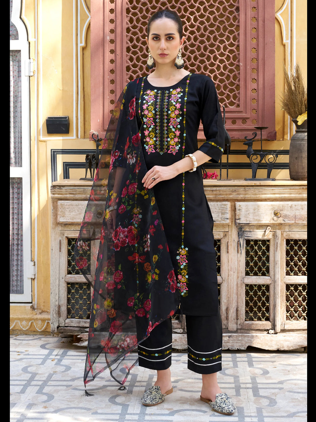 Elegant Black Ready-Made Pant Suit with Organza Dupatta for Women | Formal Office Wear & Wedding Guest Outfit