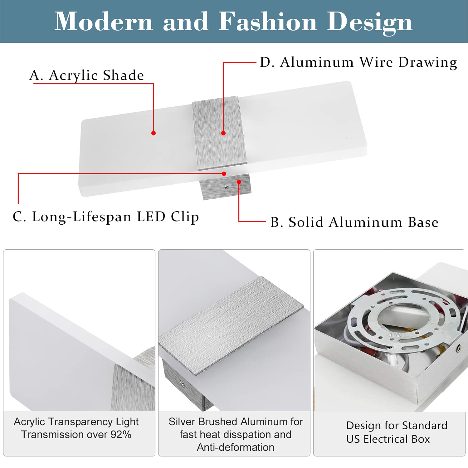 Dimmable LED Wall Sconces Set of 2 - Modern 12W Wall Lights for Hallway, Bedroom & Living Room - Cool White (HS821-2) - Perfect for Ambient Lighting and Home Decor