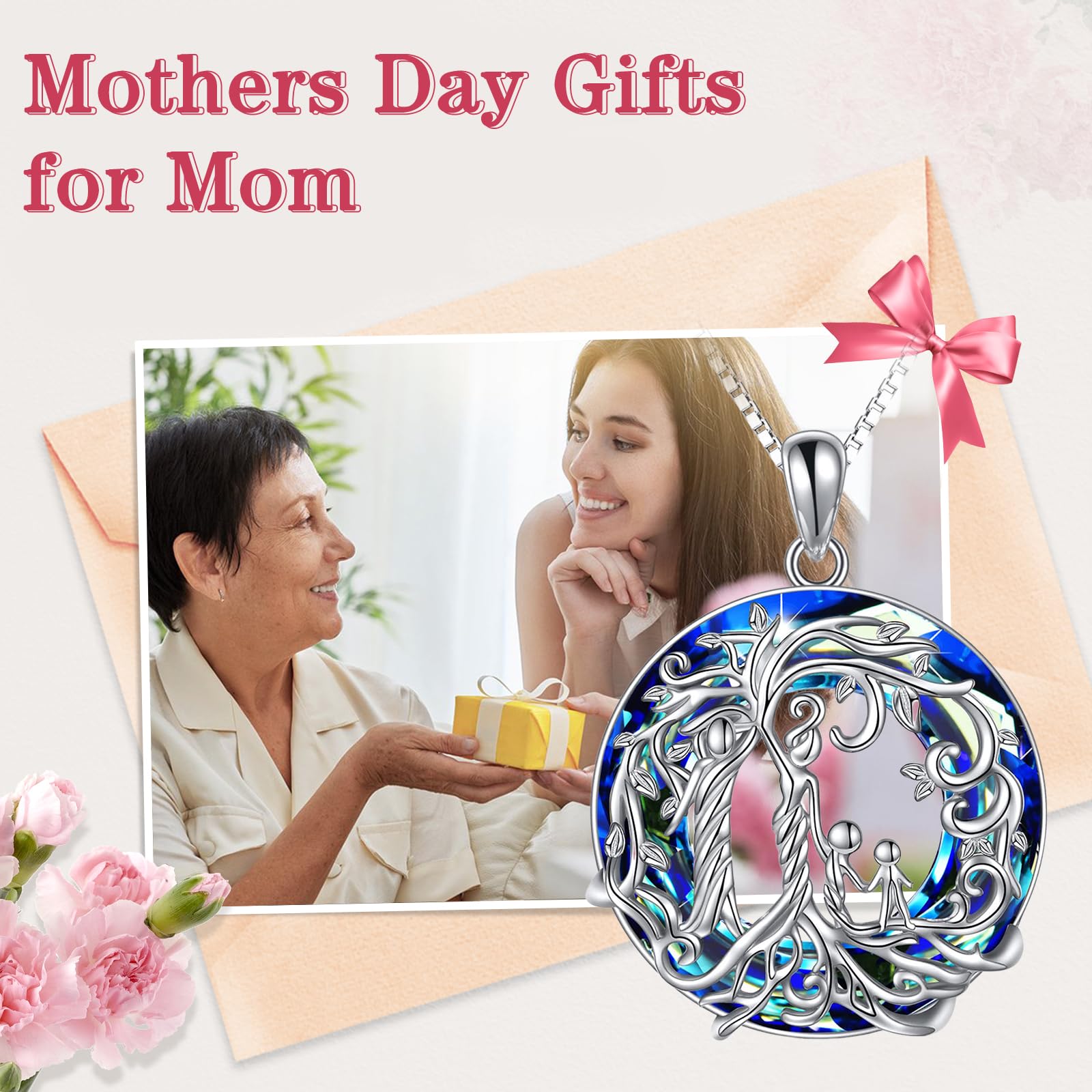 TOUPOP Sterling Silver Family Tree Necklace - 925 Silver Mother & 1-5 Children Pendant with Crystal, Heartwarming Gift for Mom, Grandma, Daughter on Birthday, Mother's Day | Perfect for Family Reunions, Special Occasions & Keepsake Jewelry