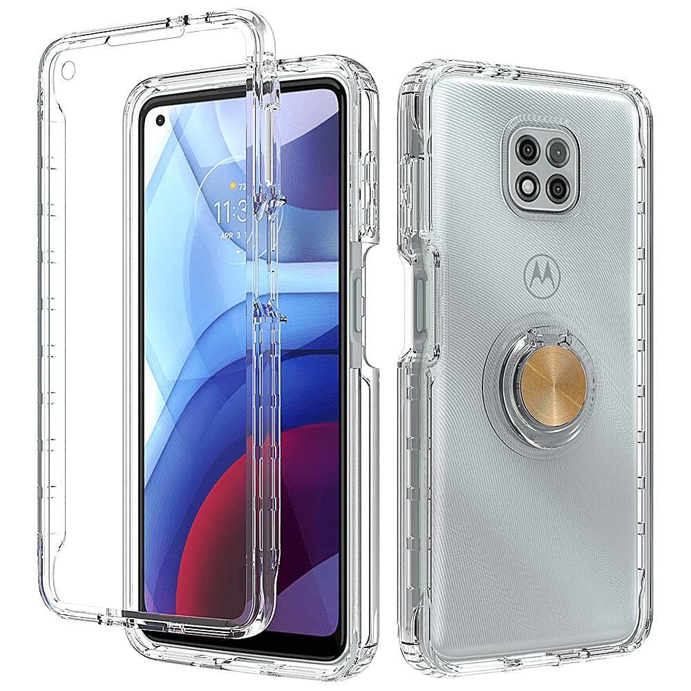 Shockproof Clear Phone Case for Moto G Power 2021 - Full Body Protection with Built-in Screen Protector & Ring Kickstand | Anti-Drop Rubber Cover (Gold) | Perfect for Outdoor Activities, Travel & Daily Use