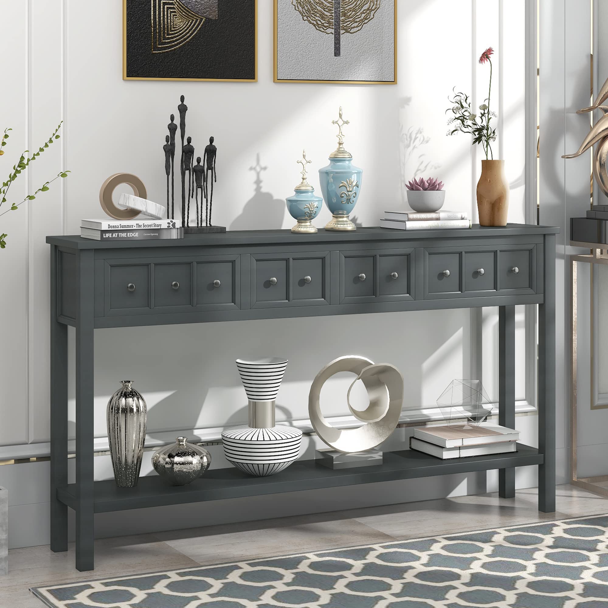 P PURLOVE 60 Inch Modern Console Table with 4 Drawers & Bottom Shelf - Entryway Sofa Table for Living Room, Bedroom, Hallway - Perfect for Home Decor, Storage & Display