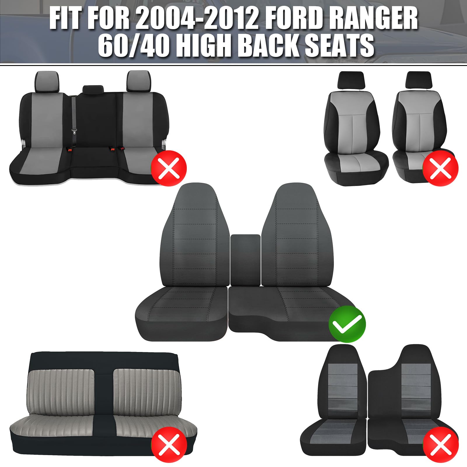 Premium Custom-Fit Front Seat Covers for 2004-2012 Ford Ranger Pickup - 60/40 Split High Back Seat Protection - Universal Fit Without Console - Durable Car Seat Covers for Work Trucks & Daily Commuting