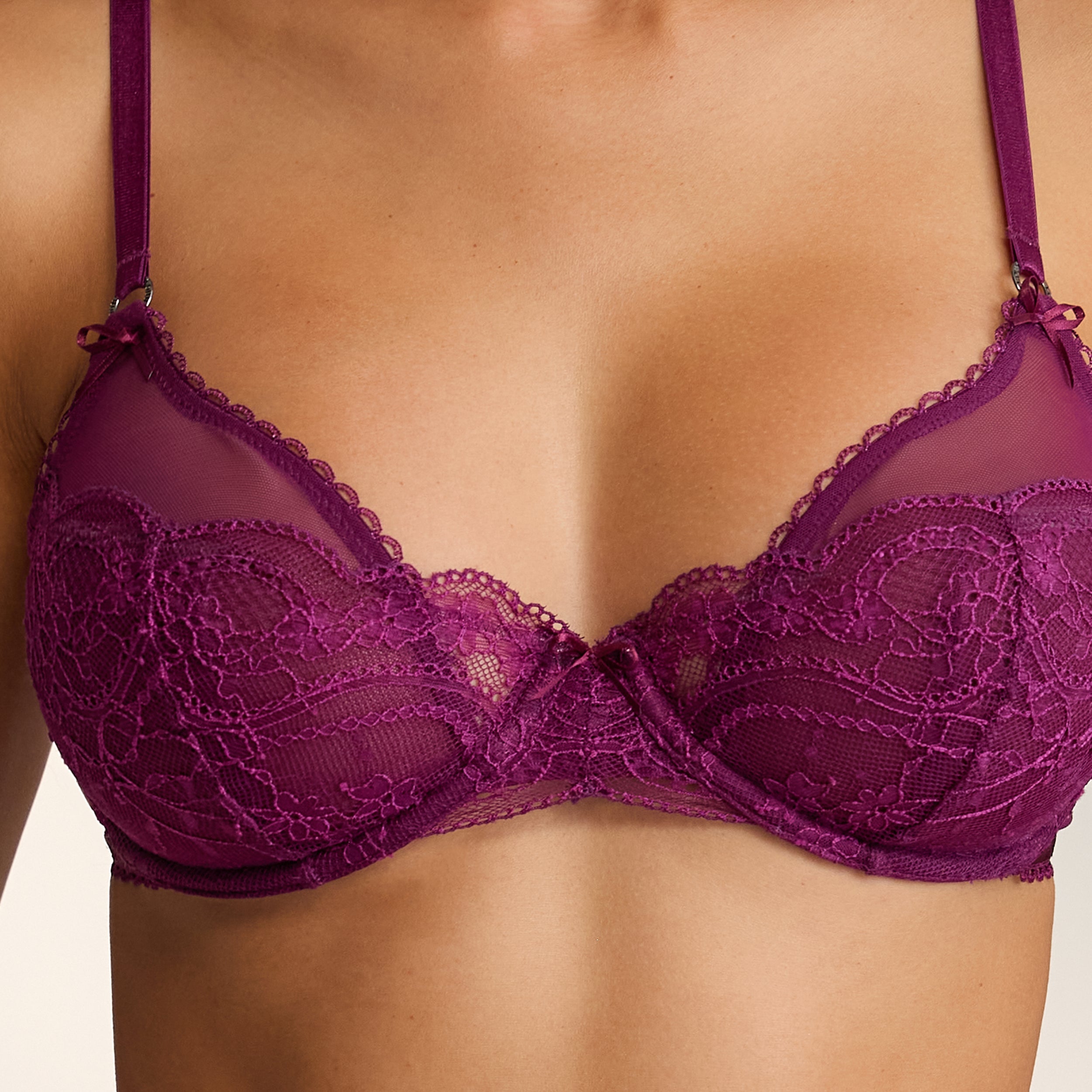 Confess Balcony Bra - Comfortable Lace Bralette for Women, Plum Color - Perfect for Casual Wear, Lounge, and Sleep