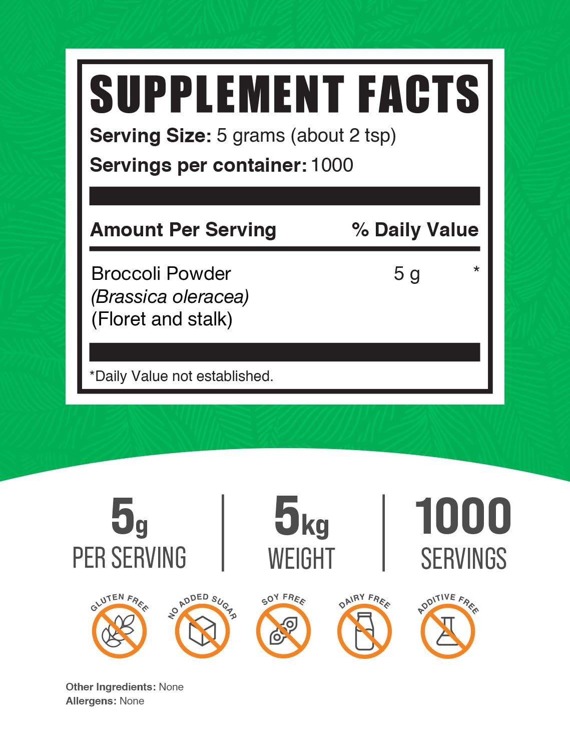 Organic Broccoli Powder - 100% Pure Broccoli Florets Supplement, Vegan, Gluten-Free, Non-GMO - 5g per Serving, 5kg (11 lbs) Bulk Pack - Perfect for Smoothies, Baking & Healthy Recipes