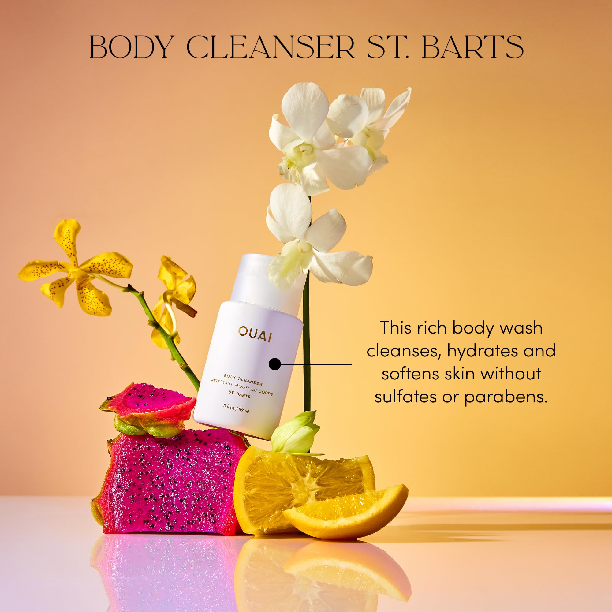 OUAI St. Barts Hydrating Body Wash Bundle - Moisturizing Foaming Body Cleanser with Jojoba Oil & Rosehip Oil for Soft, Balanced Skin - Paraben, Phthalate & Sulfate Free Skincare Set (2 Pack: 3oz Travel Size + 10oz) - Perfect for Shower, Gym Bag & Vacation Essentials