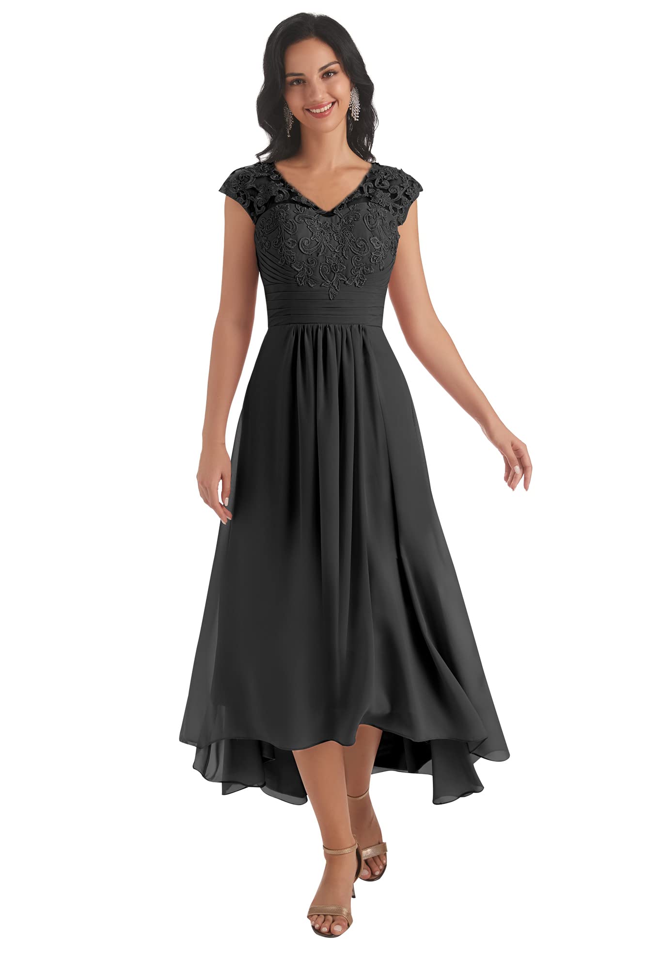 Elegant Women's Lace Chiffon Tea-Length Mother of the Bride Dress with Pockets & Cap Sleeves - Formal Wedding Guest Dress for Special Occasions