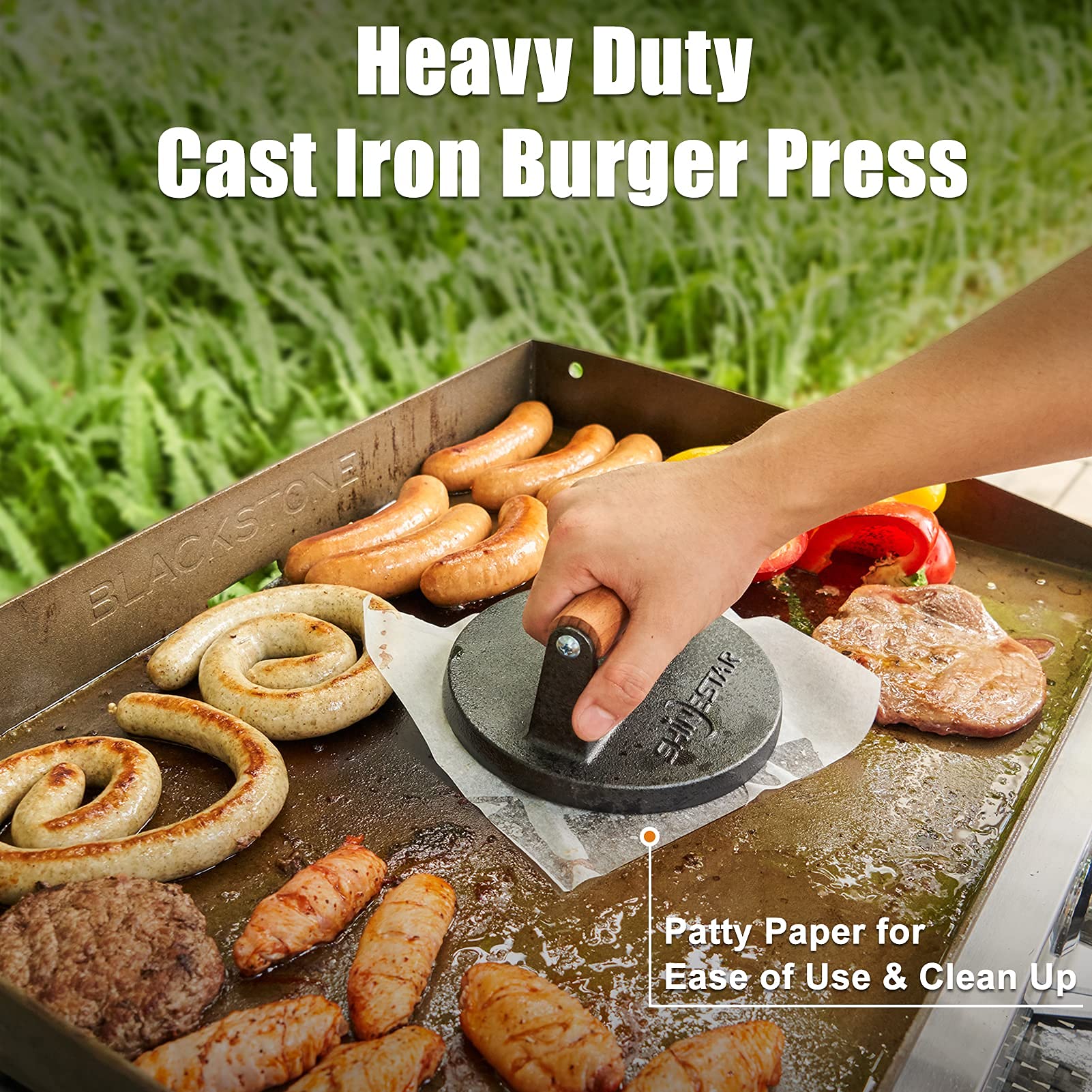 SHINESTAR 12-Inch Cast Iron Smash Burger Press Kit with Melting Dome & 3 Spatulas - Heavy Duty Blackstone Griddle Accessories for Perfect Hamburgers - Ideal for Flat Top Hibachi Grill, Indoor & Outdoor BBQ, Backyard Cooking (8-Piece Set)