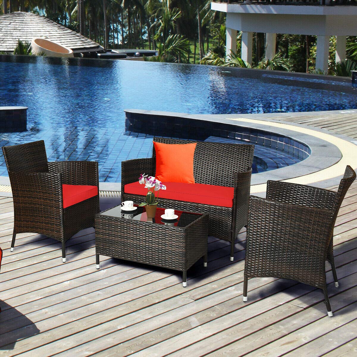 HappyGrill 4-Piece Outdoor Patio Furniture Set - Rattan Wicker Conversation Set with Cushioned Sofa & Coffee Table - Perfect for Porch, Backyard, Garden, Poolside & Outdoor Entertaining