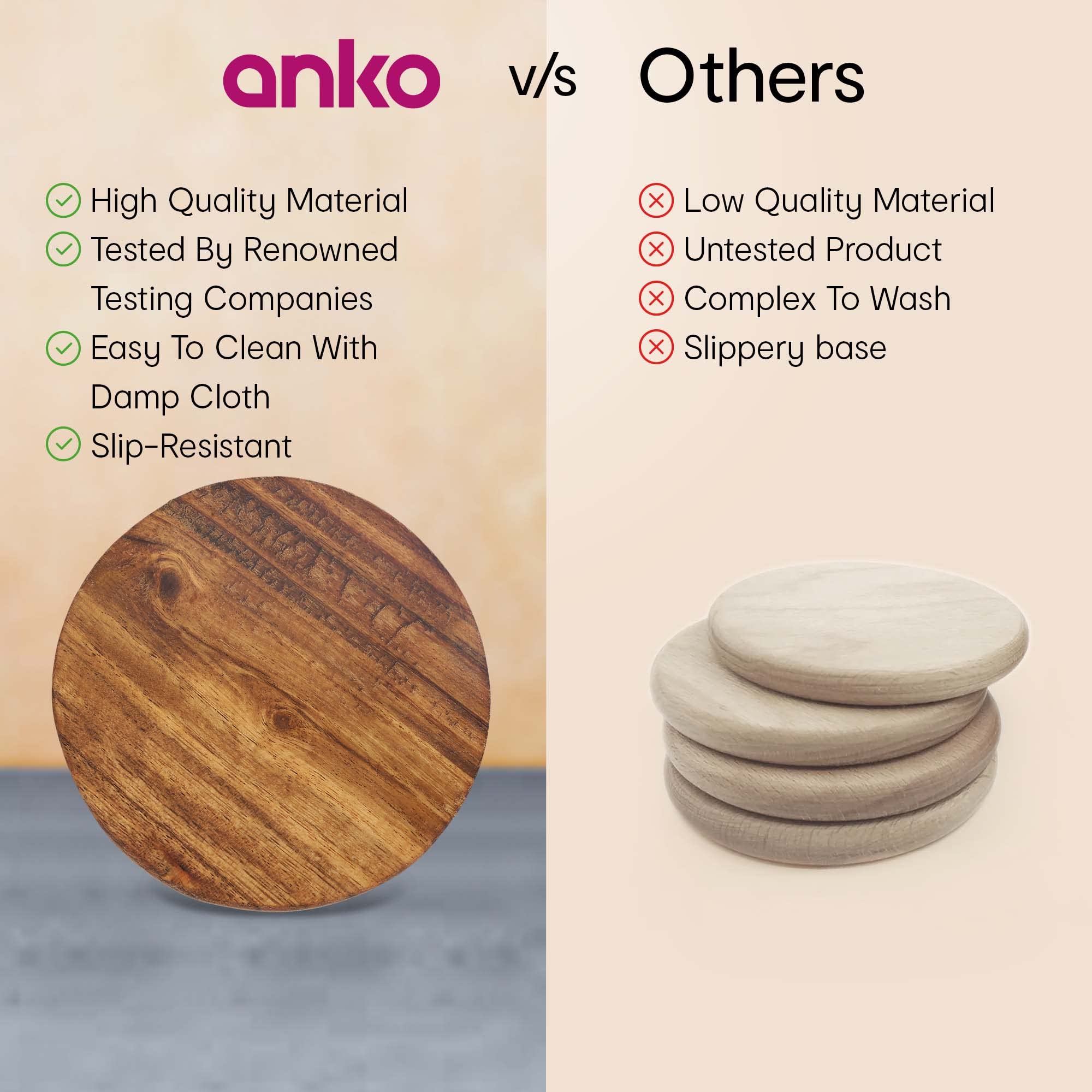 Anko Set of 4 Acacia Wood Coasters for Drinks - Reversible Tea & Coffee Coasters with Heat & Stain Resistance - 10cm Round Coasters for Dining Table, Coffee Mugs, Beer Cans & Water Glasses - Perfect for Home, Office & Restaurant Use
