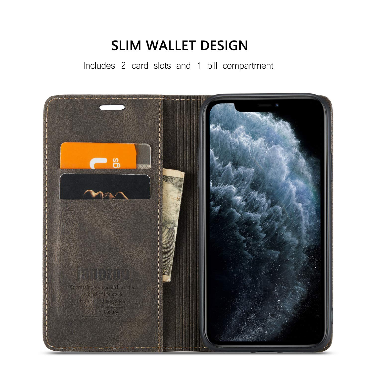 Premium RFID Blocking PU Leather Wallet Case for iPhone 11 Pro Max (6.5 inch) - Magnetic Flip Cover with Card Holder (Coffee) | Perfect for Daily Commute & Business Travel Protection
