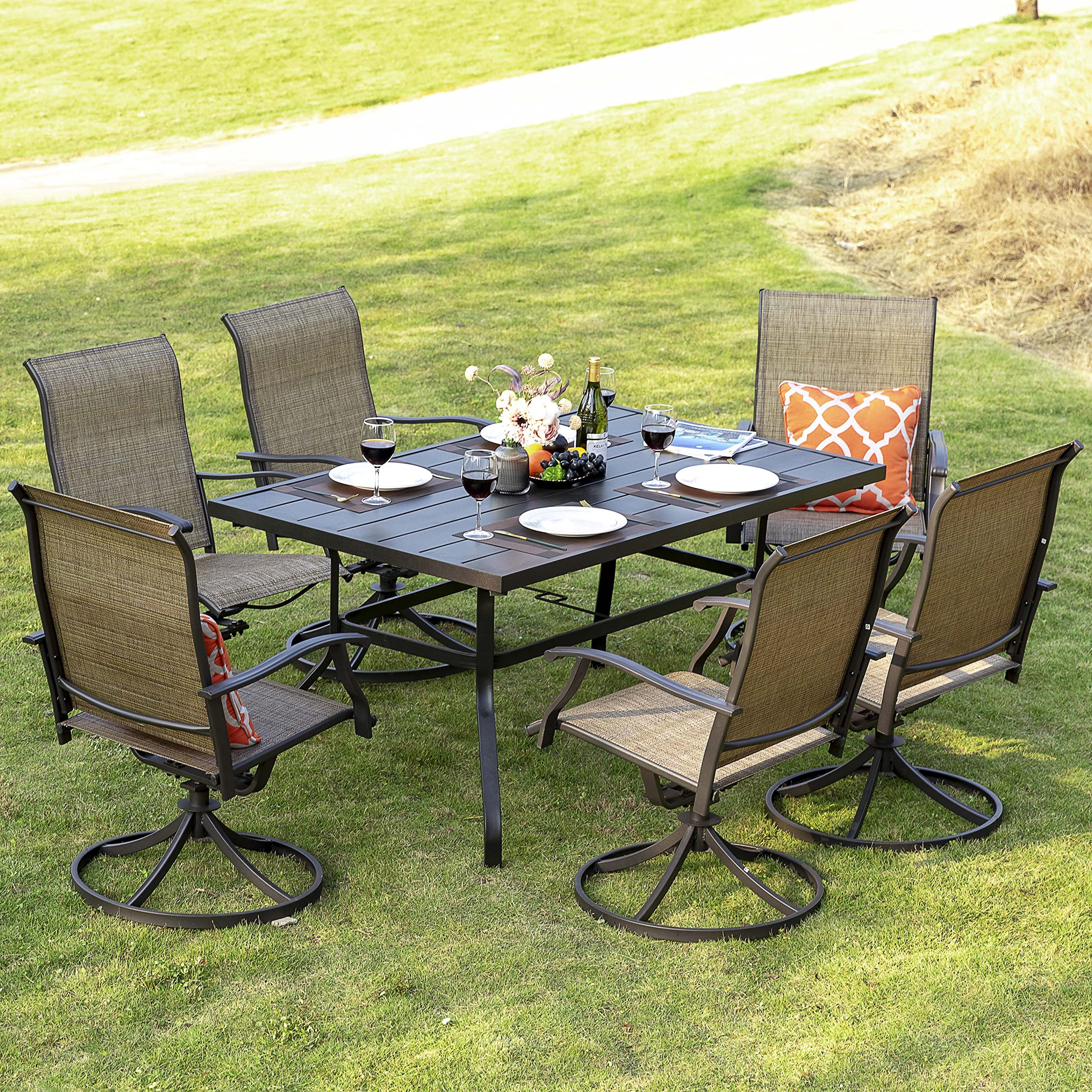 NUU GARDEN Patio Dining Chairs Set of 4 & Swivel Sling Chairs Set of 2 - All-Weather Textilene Outdoor Furniture with Iron Frame for Backyard, Lawn, Garden - Perfect for Poolside Lounging, Outdoor Dining and Patio Relaxation (Brown)
