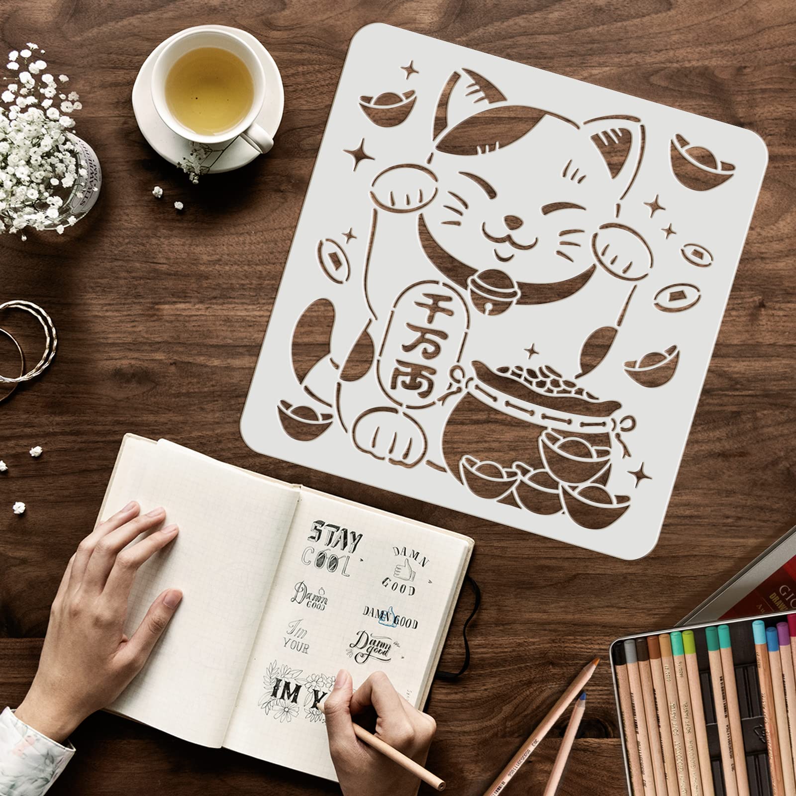 FINGERINSPIRE 11.8x11.8 Inch Lucky Cat Stencil - Reusable Fortune Cat Drawing Template for Wall Painting, Wood, Paper, Fabric & Floor - Perfect for DIY Home Decor, Art Projects & Crafting