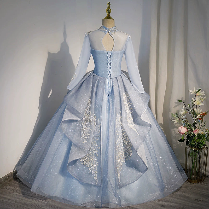 Elegant Dusty Blue Princess Mock Neck Floor-Length Tulle Flower Girl Dress for Weddings & Special Occasions